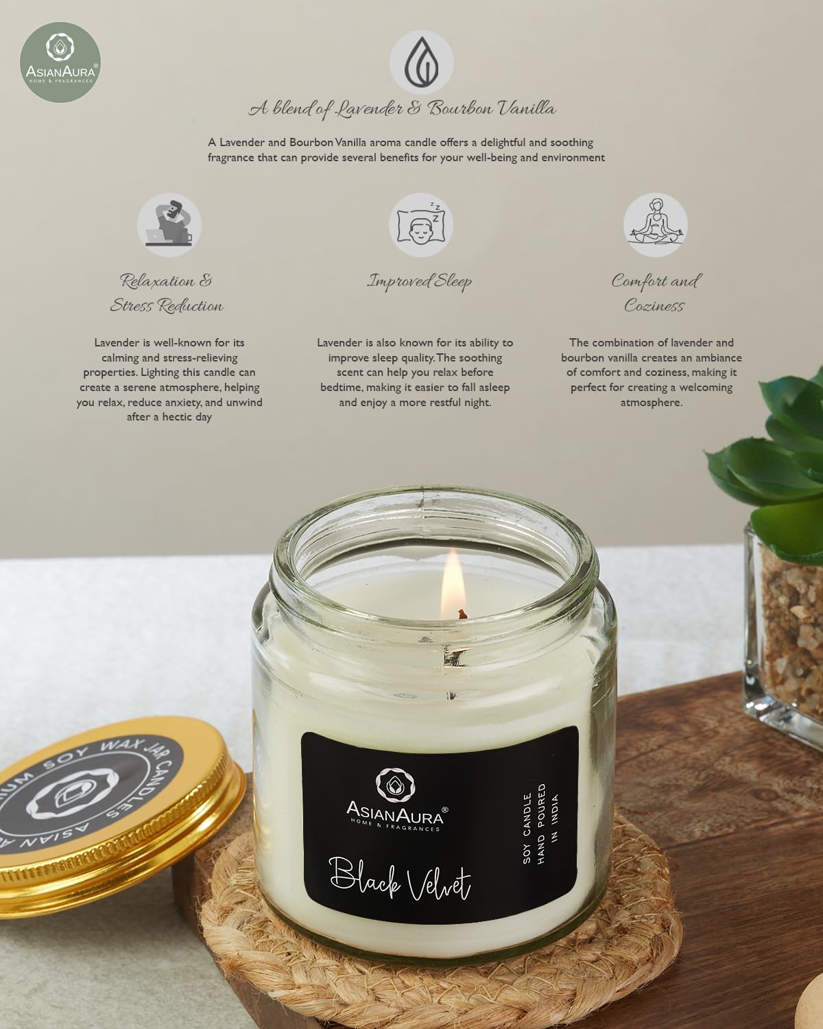 Asian Aura Scented Glass Jar Candle - 450g (Gross Wt.) - Black Velvet |36 Hours Burn Time |Smoke-Free Aroma Candle for Home Frag