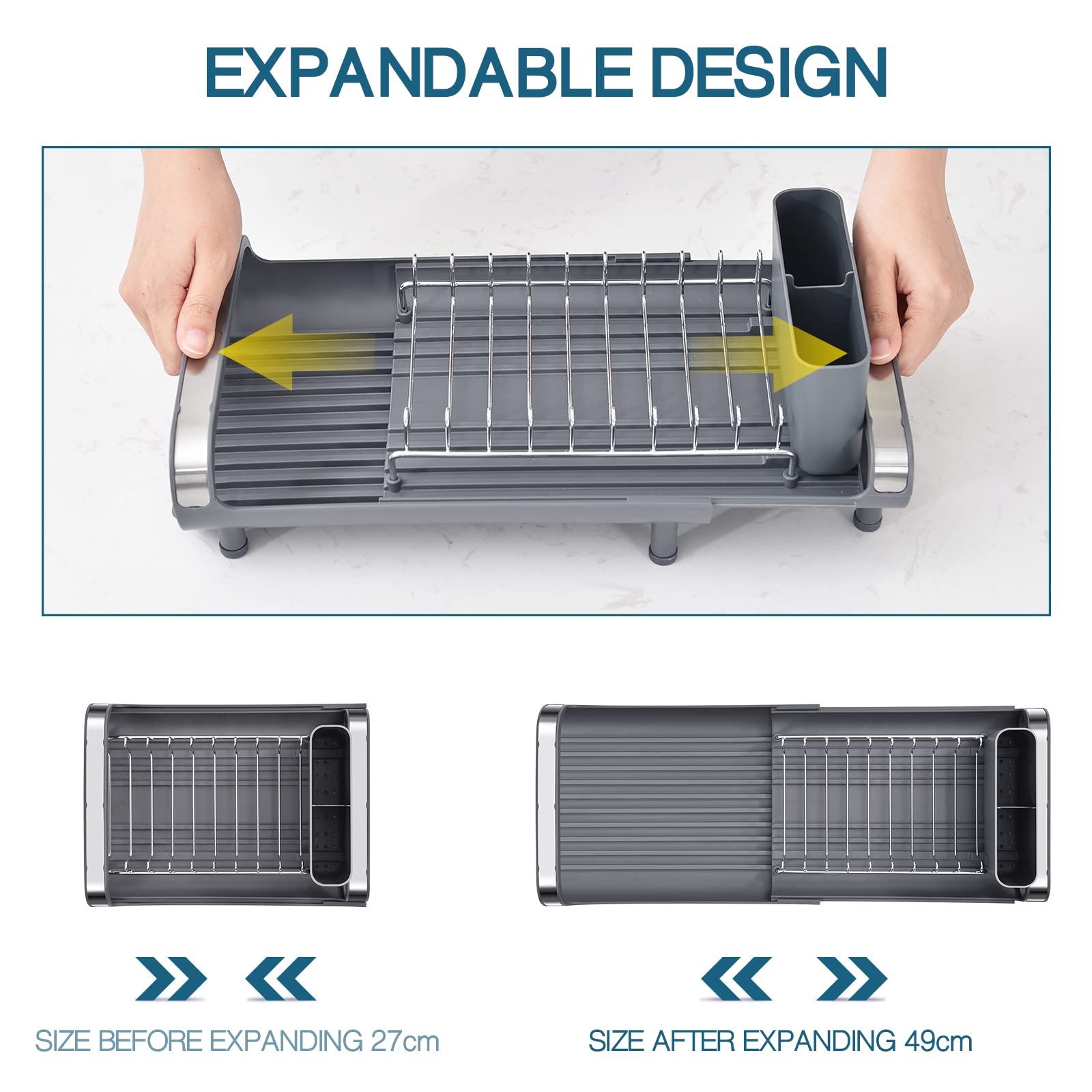Toolf Expandable Dish Rack, Compact Dish Drainer, Stainless Steel Dish Drying Rack With Removable Cutlery Holder, Anti Rust Plat