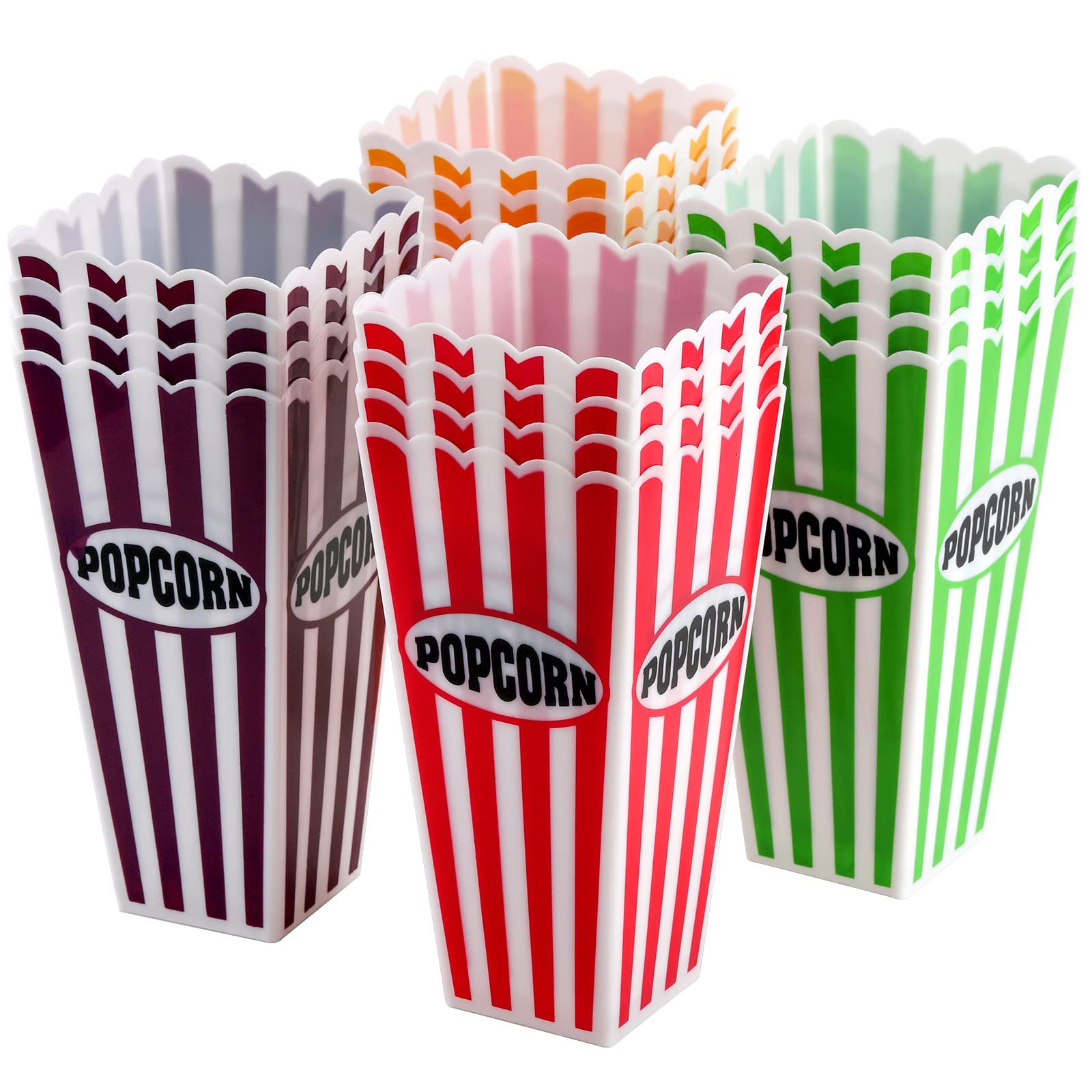 Jucoan 16 Pack Plastic Popcorn Containers, Retro Striped Popcorn Box, Reusable Popcorn Containers For Movie Night, Party, 7.5 X