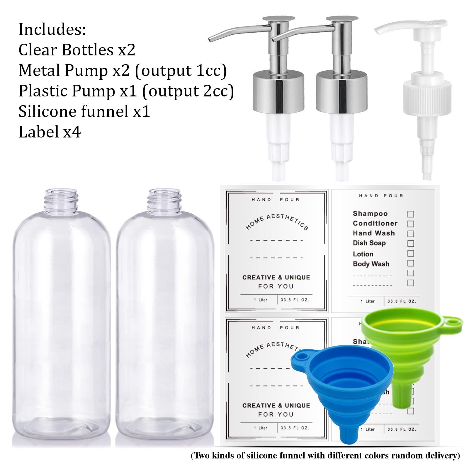 Refillable 32Oz Dispenser Plastic Bottle 2Pack With Steel Pumps, 1 Liter Crystal Clear Multi-Use Empty Container With Funnel For