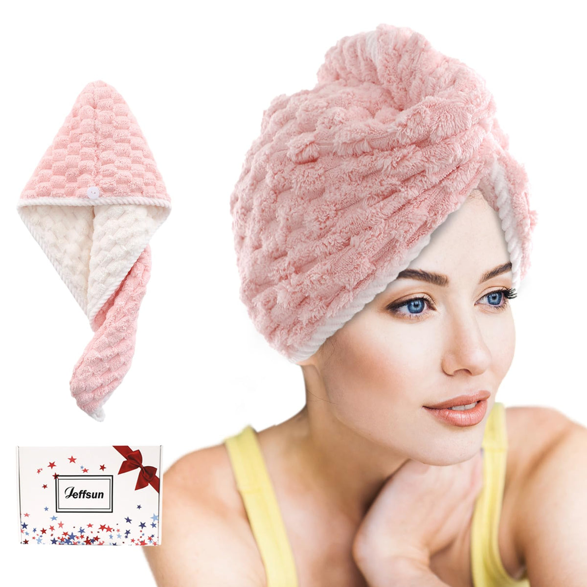 JEFFSUN Microfiber Hair Drying Towel Wrap, 2-Layer Extra Thick Super Absorbent Hooded Hair Towel for Women Long Curly Frizzy Wet