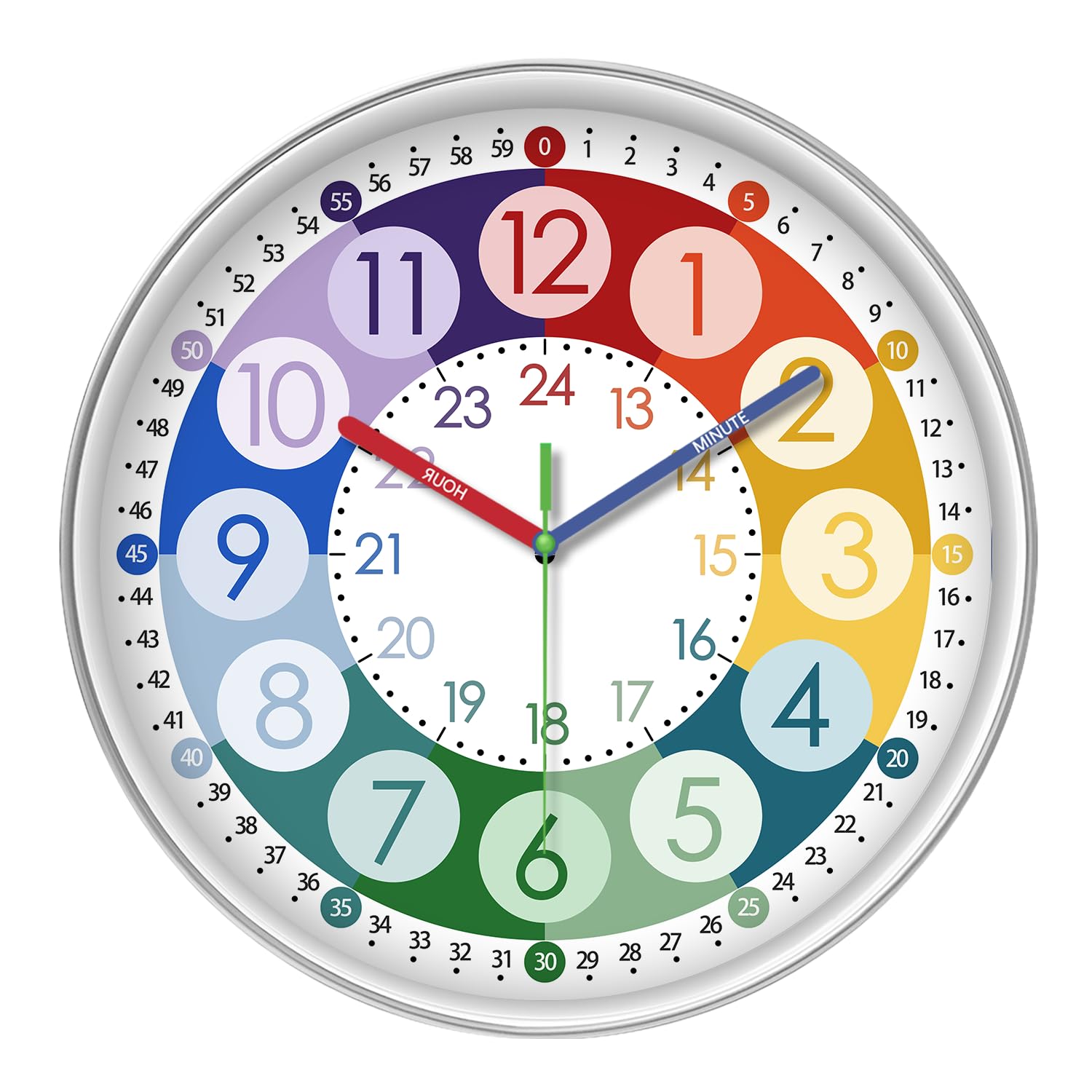 Xfm Teaching Clocks For Kids - Colorful Small Wall Clock Battery Operated 10 Inch - Silent Wall Clock For Bedroom - Analog Clock