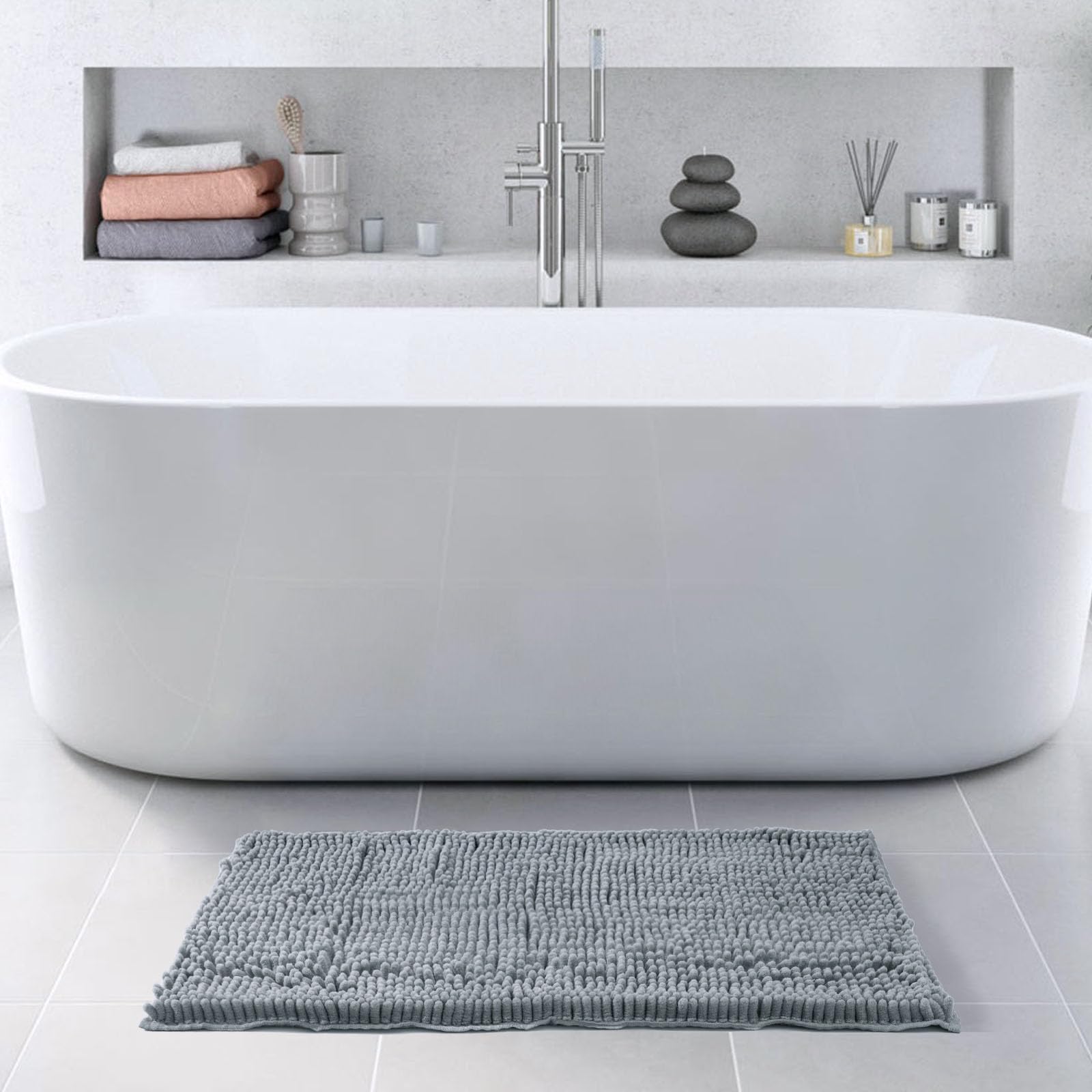 Freshmint Chenille Bathroom Rugs Non-Slip Bath Mat 32''X20'', Washable Soft Shower Mat, For Bathroom Floor & Tub Fluffy Shag Bat