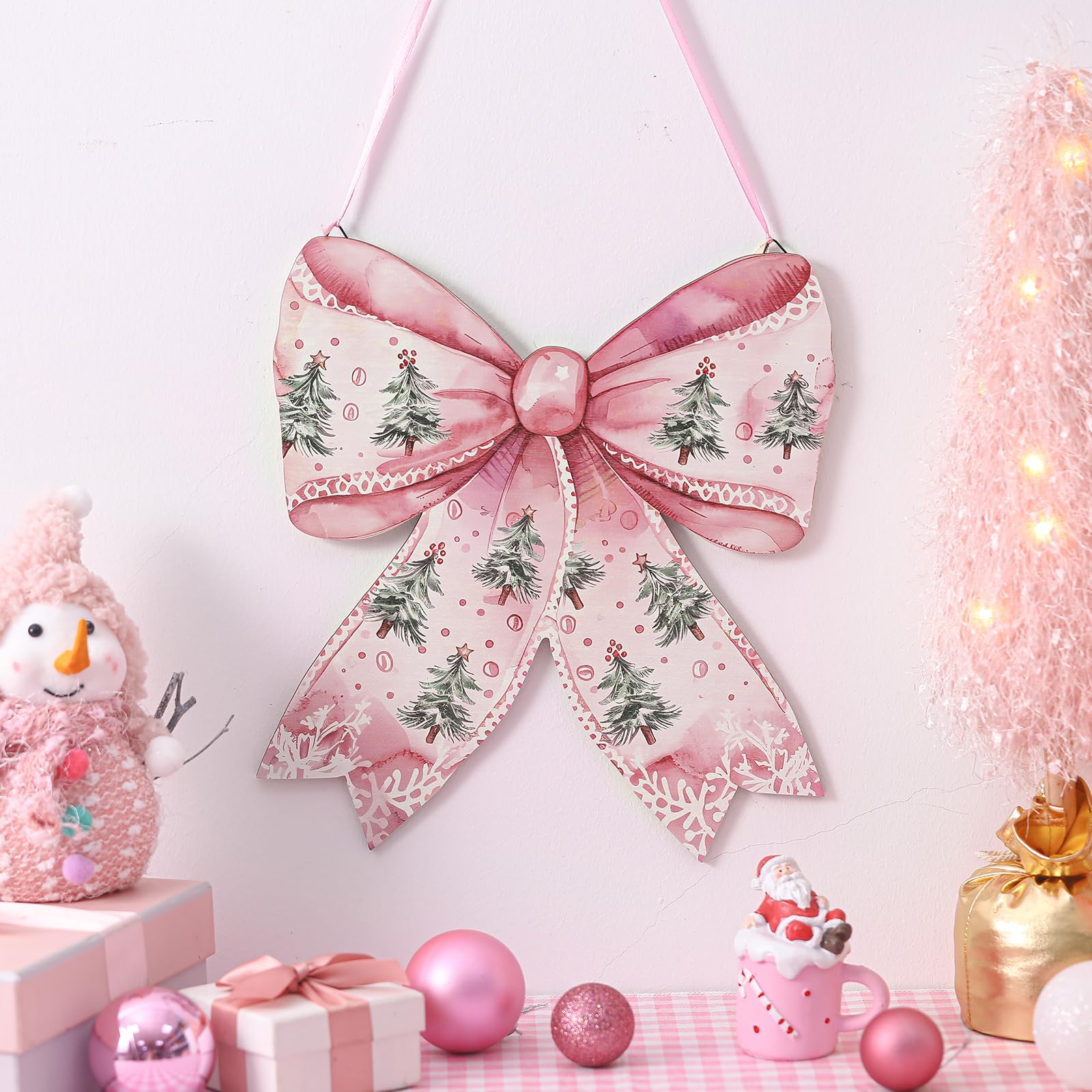RattanView Christmas Tree Pink Bow Wooden Hanging Sign Coquette Bow Wall Hanging Hanger Xmas Cute Preppy Wall Art Bowknot Welcom