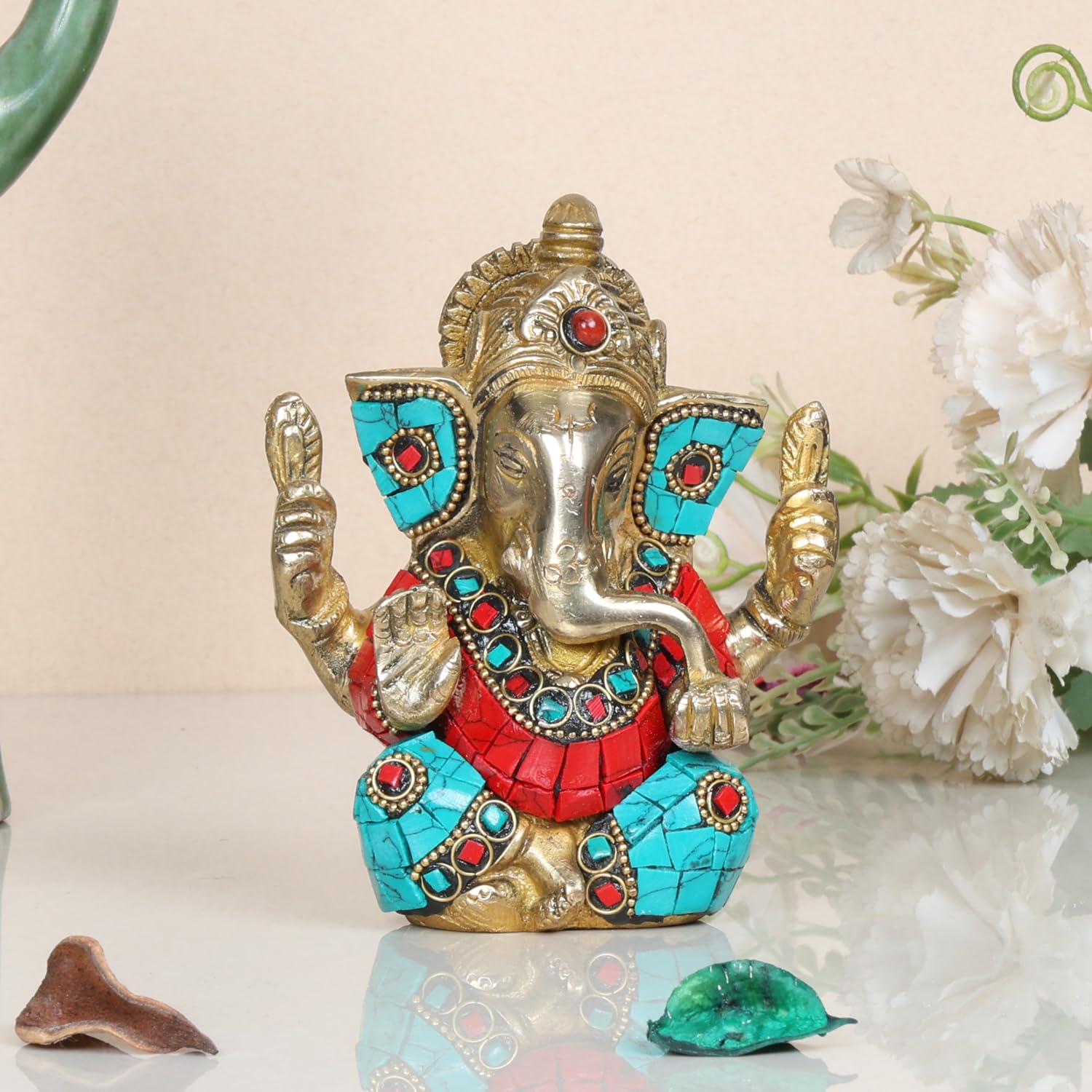 Kartique Brass Ganesha Idol Statue - 4.5 Inch Height, Colorful Detailing, Seated Posture, Ideal For Home Decor And Worship, Brin
