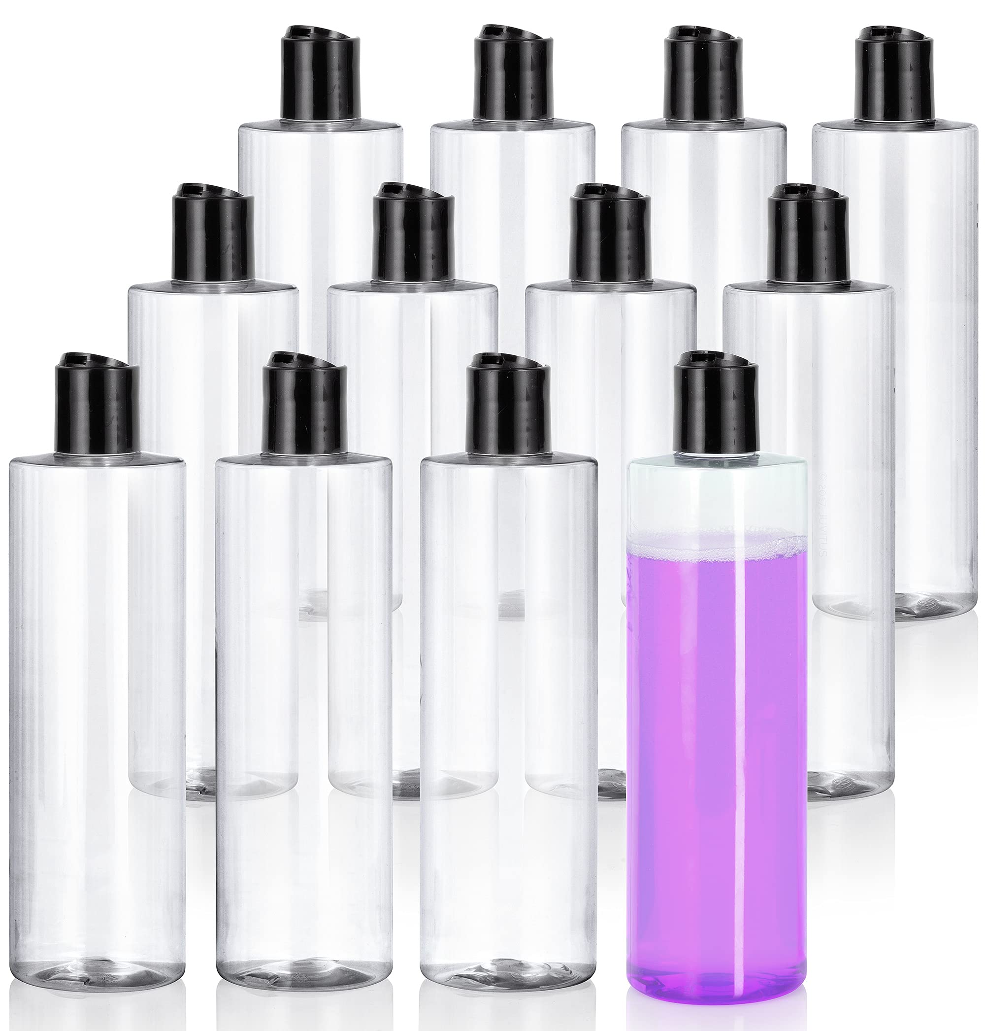 JUVITUS Clear 12 oz Professional Cylinder PET Plastic Bottles (BPA Free) (12 Pack, Gold Lotion Pump)
