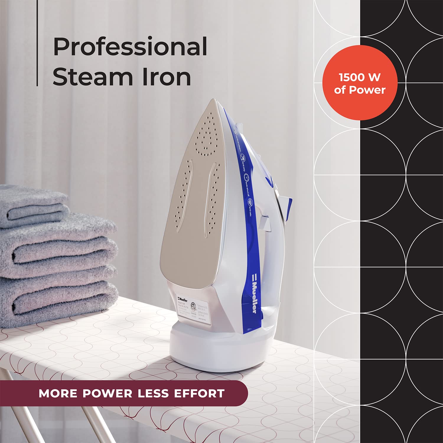 Mueller Professional Grade Steam Iron, Retractable Cord For Easy Storage, Shot Of Steam/Vertical Shot, 8 Ft Cord, 3 Way Auto Shu