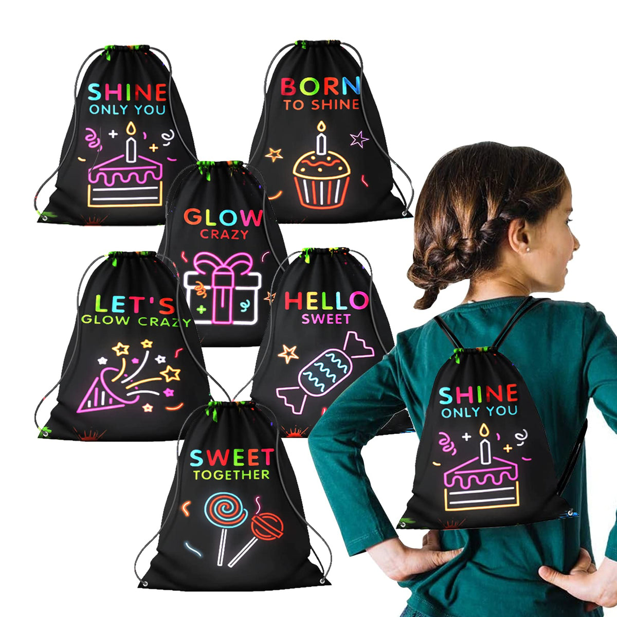 12 Pack Glow Party Supplies Favor Drawstring Bags For Kids' Birthday, Boys Girls Glow Neon Drawstring Backpack Bag As Loot And G