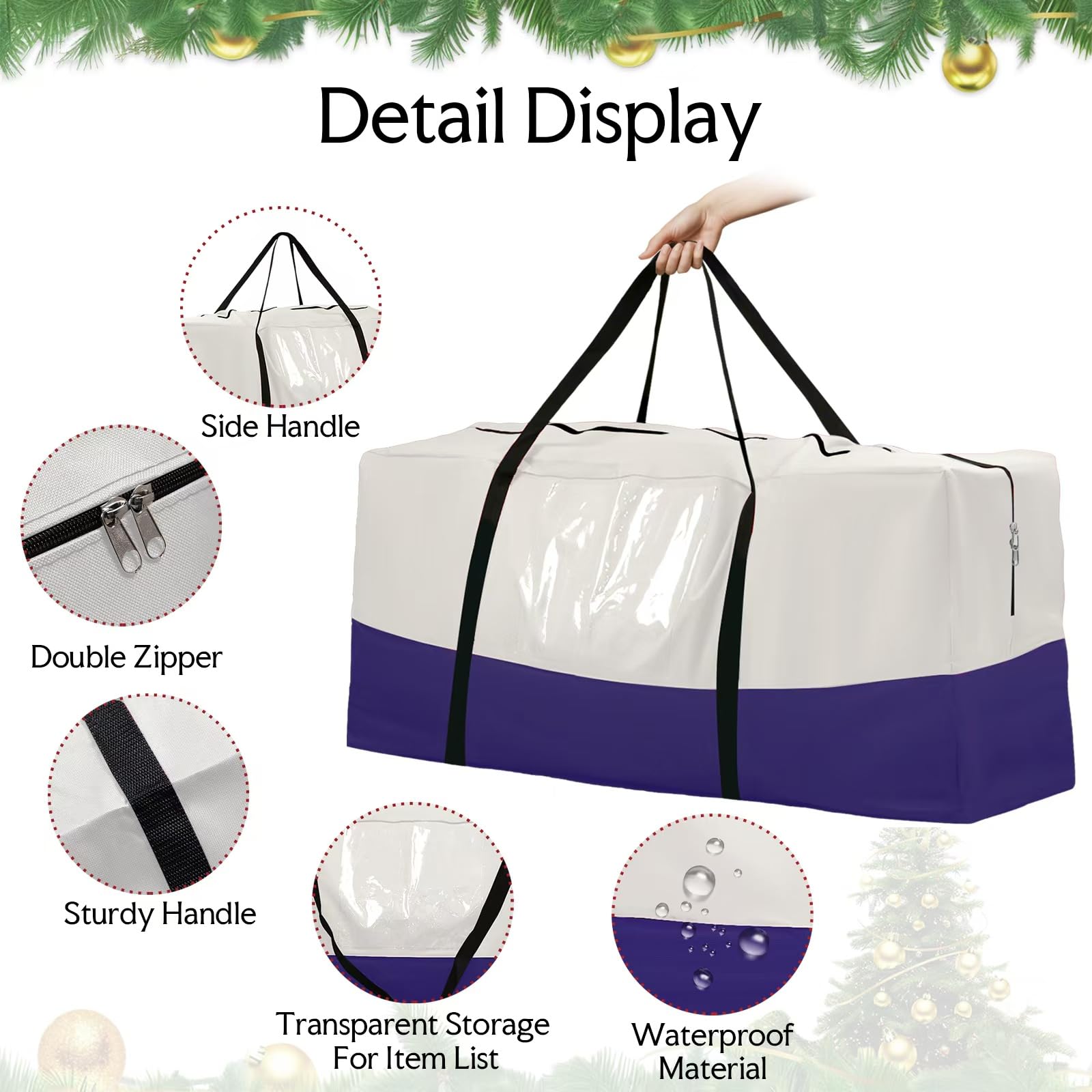 NAVTUE Christmas Tree Bag, Heavy Duty 600D Oxford, Fits Up to 10 FT Trees, Dampproof with Dual Zipper, White & Blue