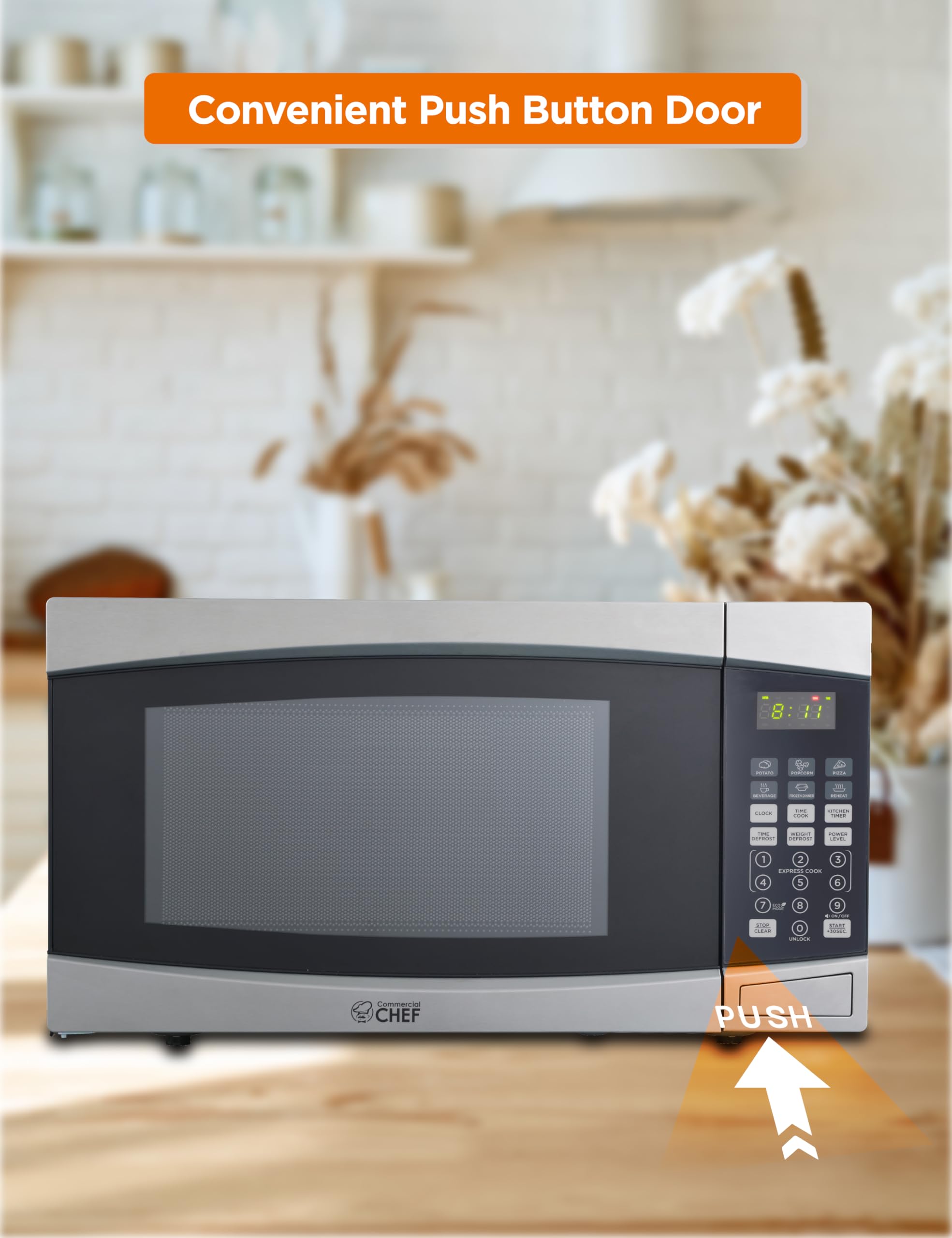 Commercial Chef Chm16100S6C Countertop Microwave Oven,1000 Watts, Small Compact Size, 10 Power Levels, 6 Easy One Touch Presets