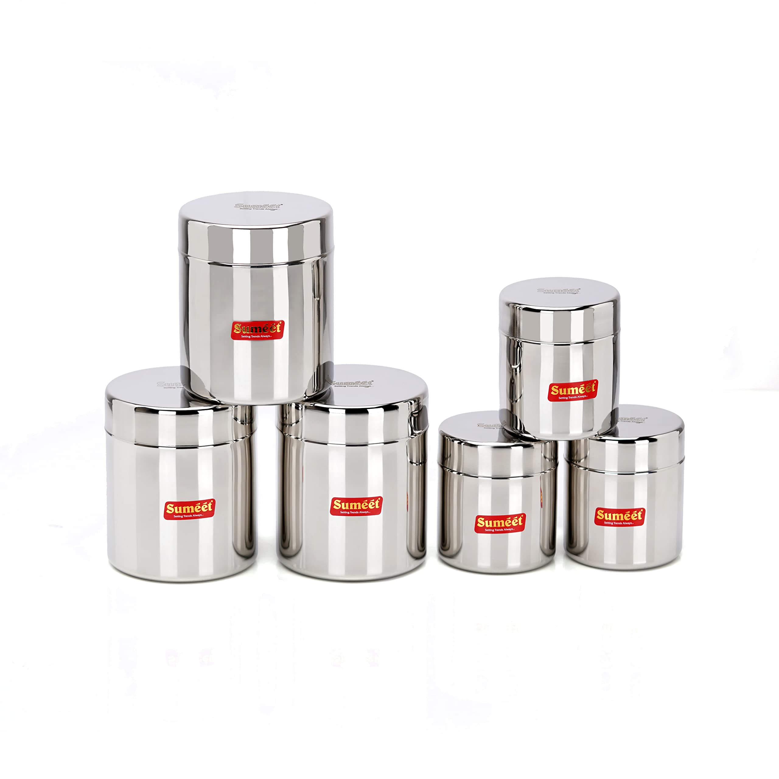 Sumeet Stainless Steel Small Canisters/Jars/Ubha Dabba/Storage Containers Set Of 6Pcs, (350Ml Capacity 3Pcs, 7.5Cm Dia + 750Ml C