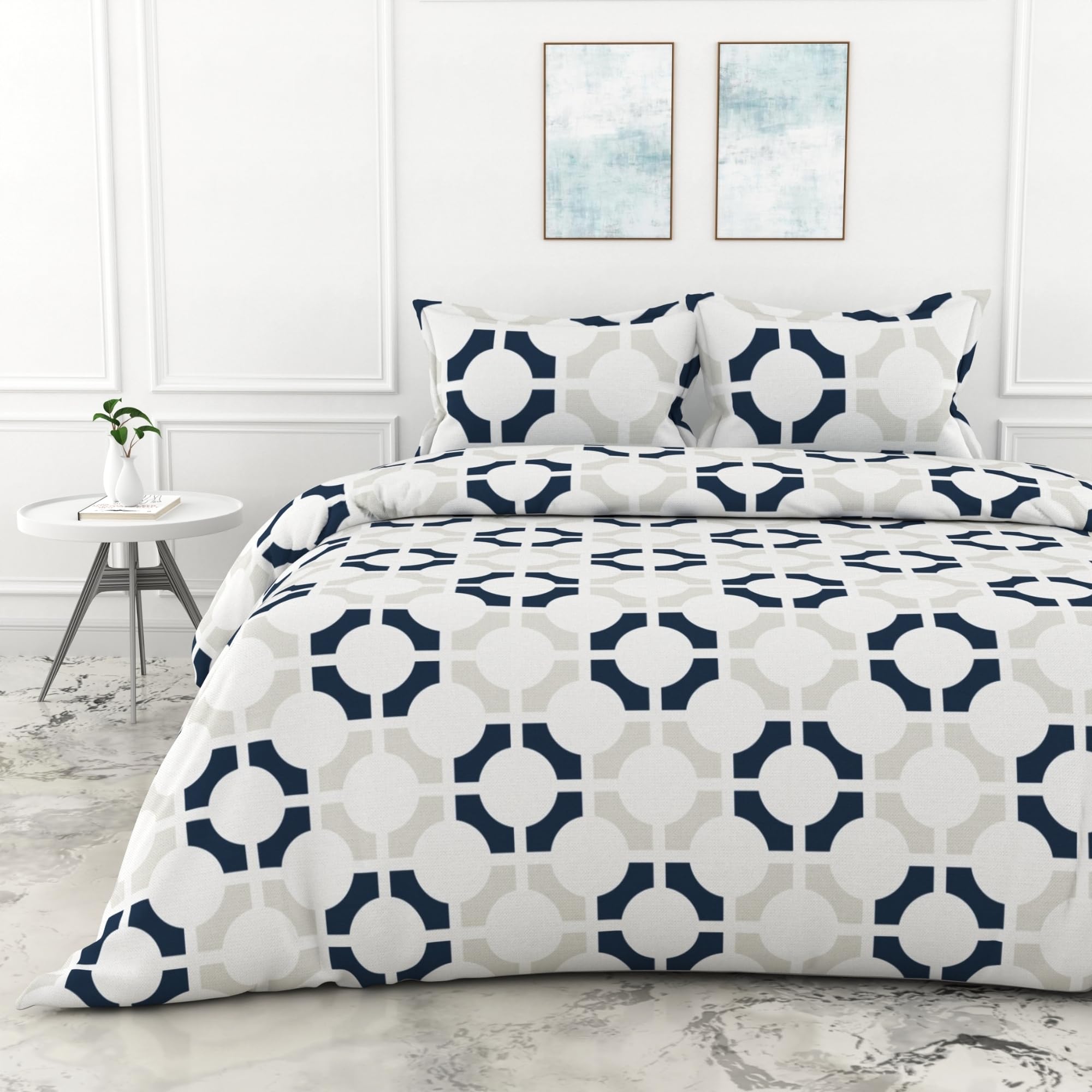 Loreto - A Quality Linen Brand 100% Cotton King Size Bedsheet With 2 Pillow Covers - Colonial Blue Matrix, Soft & Breathable 144
