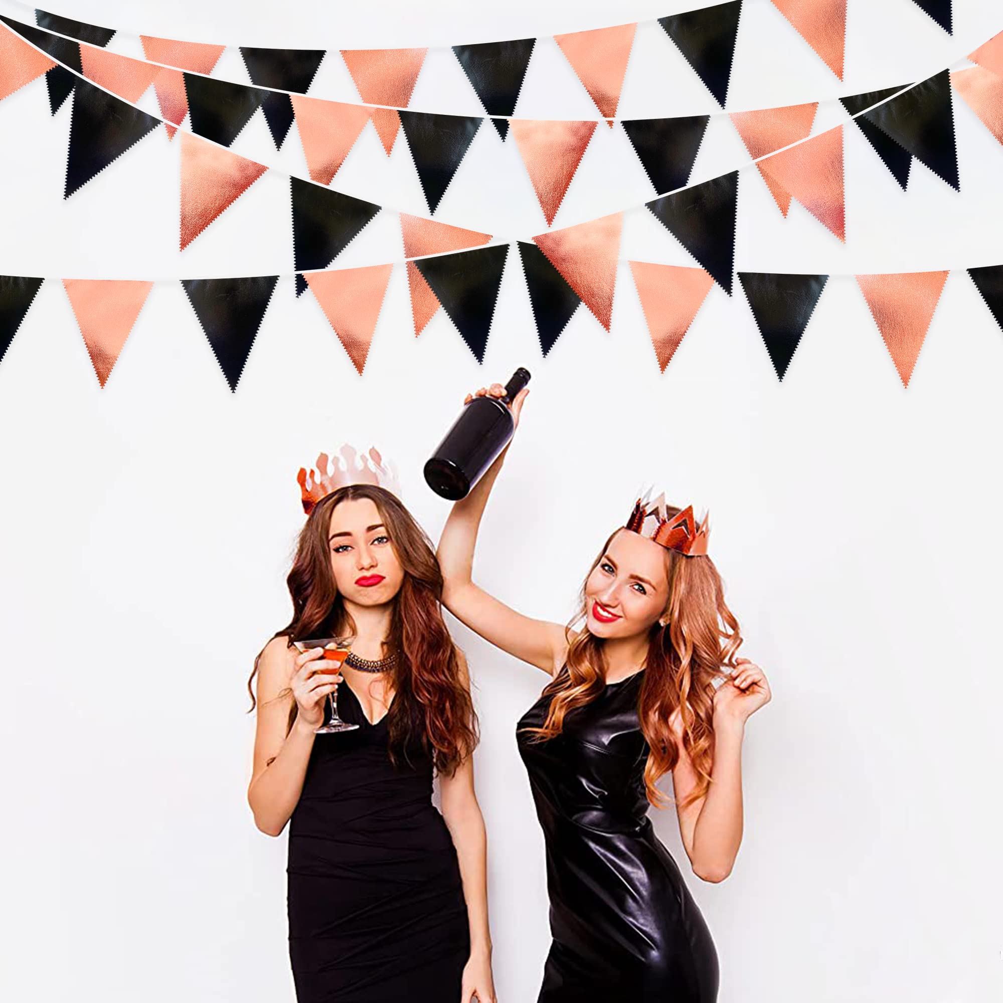 Black Rose Gold Party Decorations Triangle Pennant Banner Flag Rose Gold Black Metallic Fabric Bunting Garland For Graduation Bi