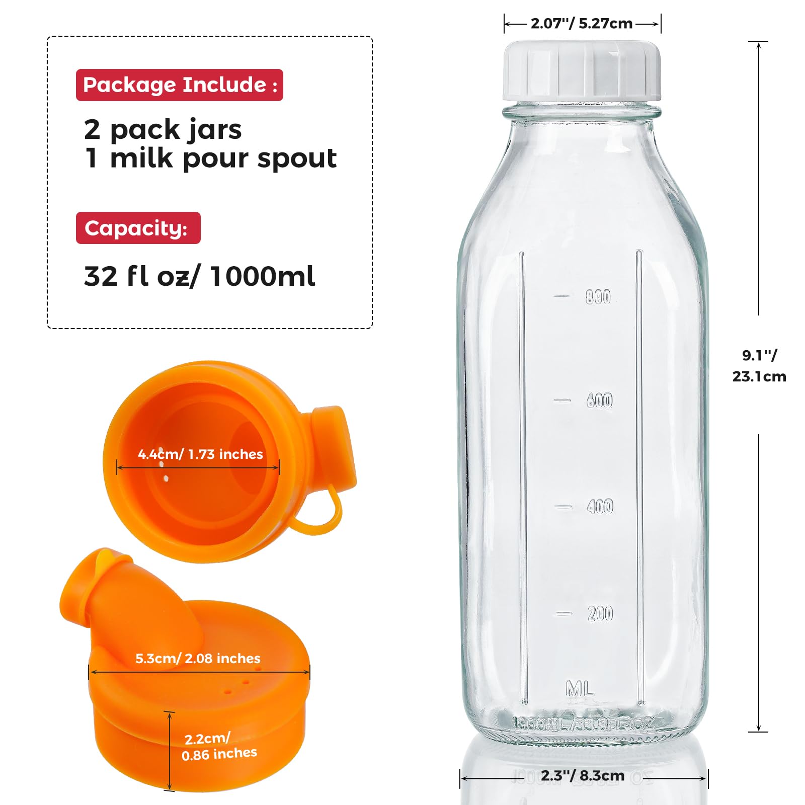 Dwbligt 32 Oz Reusable Glass Milk Bottles With Silicone Dispenser Cap, 2 Pack Glass Jars With Airtight Screw Lid, Leak Proof Gla