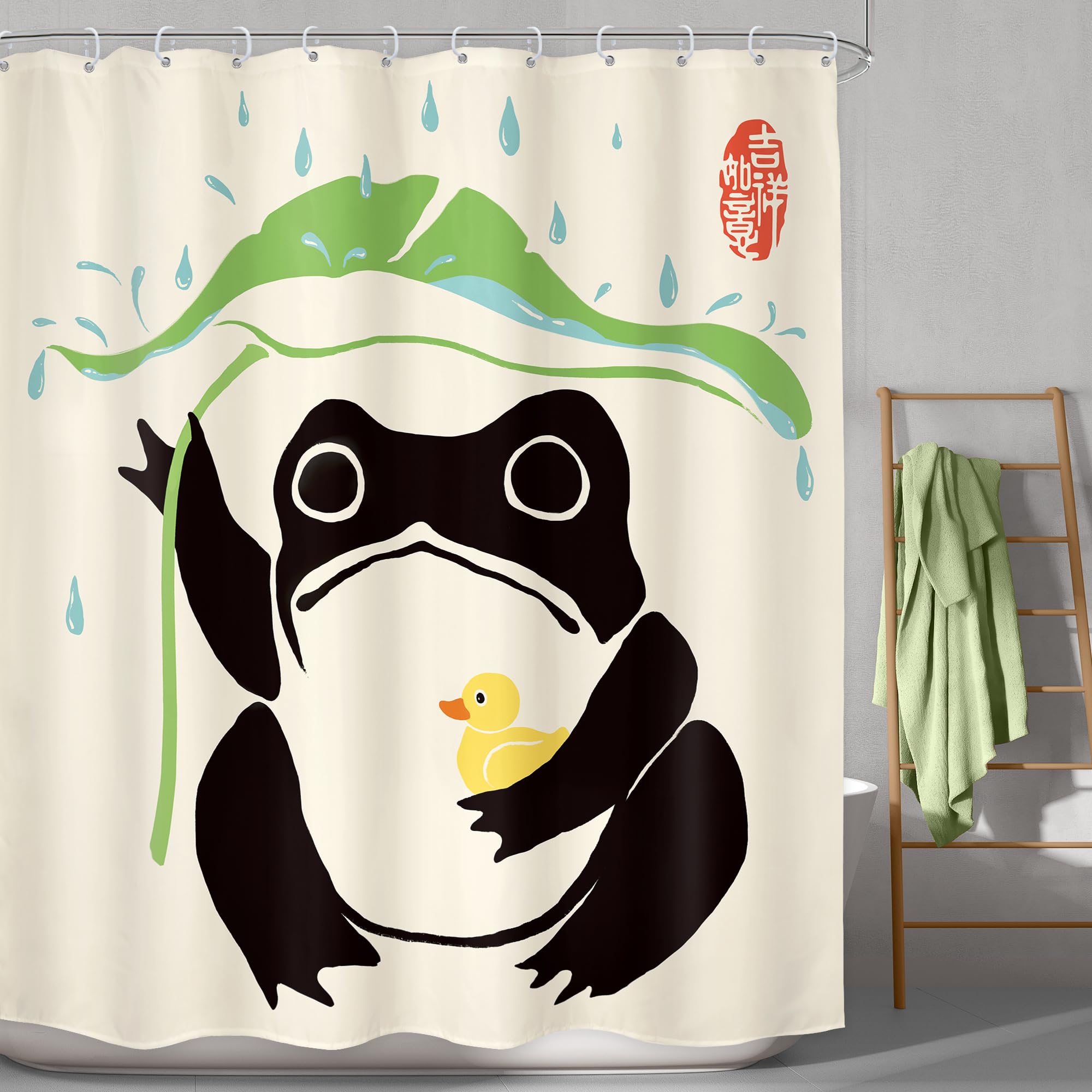 Lghtyro Funny Frog Shower Curtain Bathroom Set 60Wx71H Inches Asian Duck Traditional Art Japanese Cute Animal Taking Lotus Leaf
