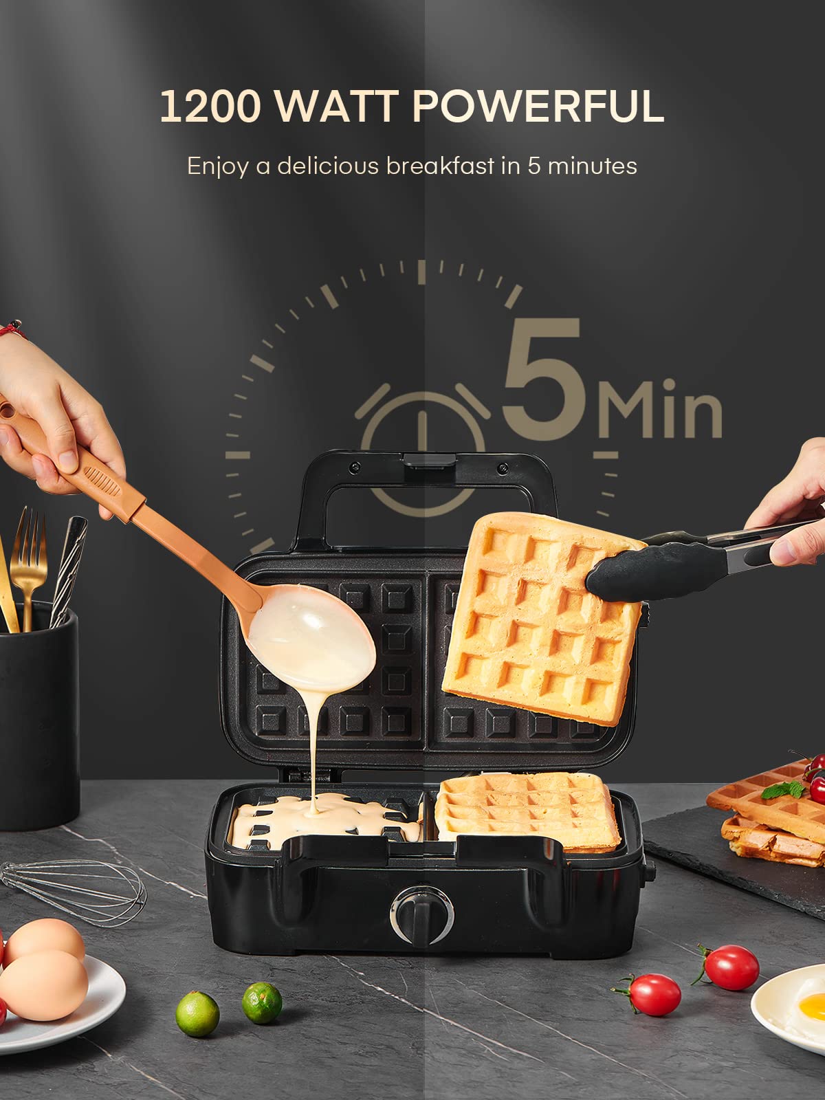 FOHERE 3-in-1 Waffle Maker & Sandwich Press, 1200W, Non-stick, Removable Plates, Silver/Black, Model AN-780