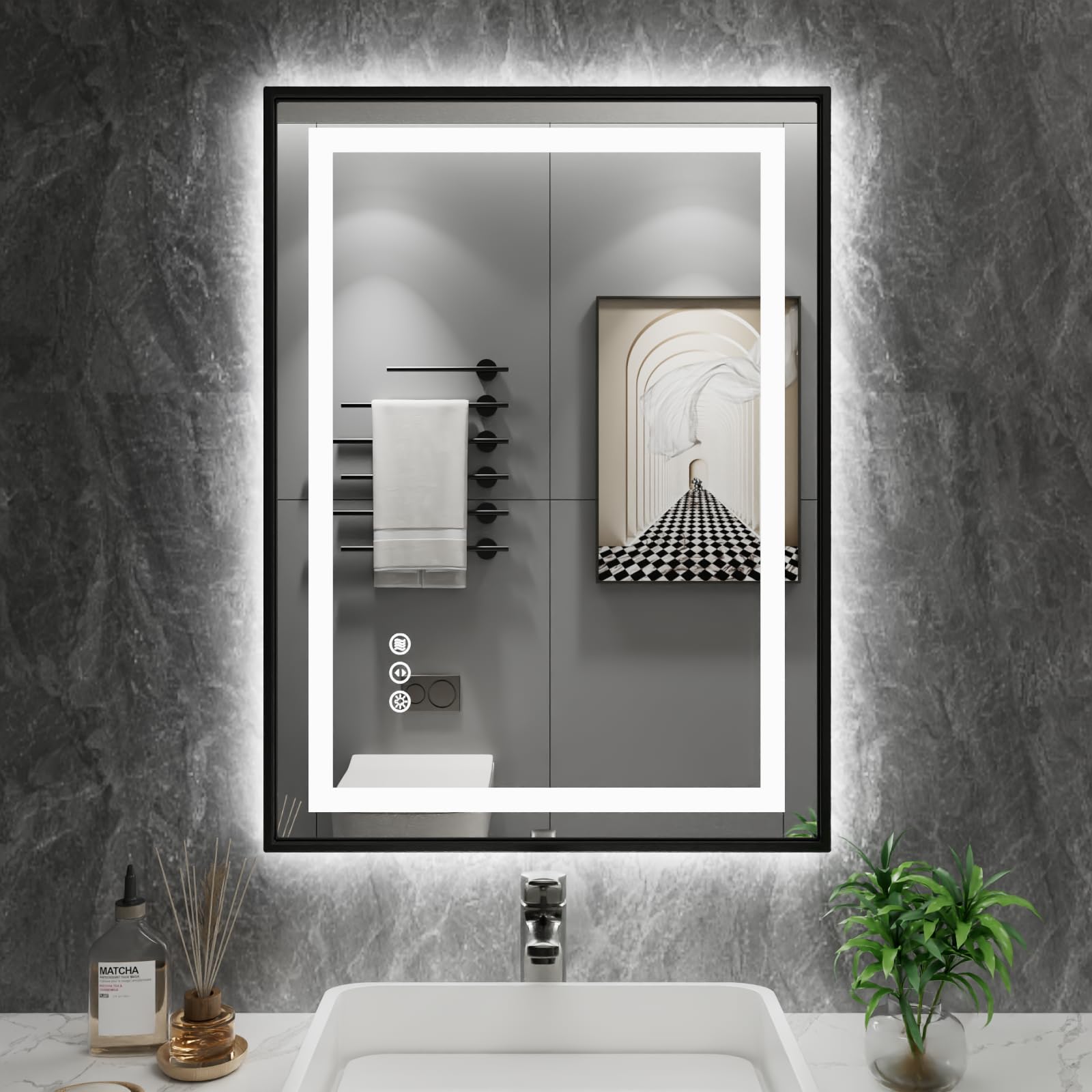 Amorho 20''X 28'' Led Bathroom Mirror With Black Frame, Front Light And Backlit, Stepless Dimmable, Anti-Fog, Shatter-Proof, Mem