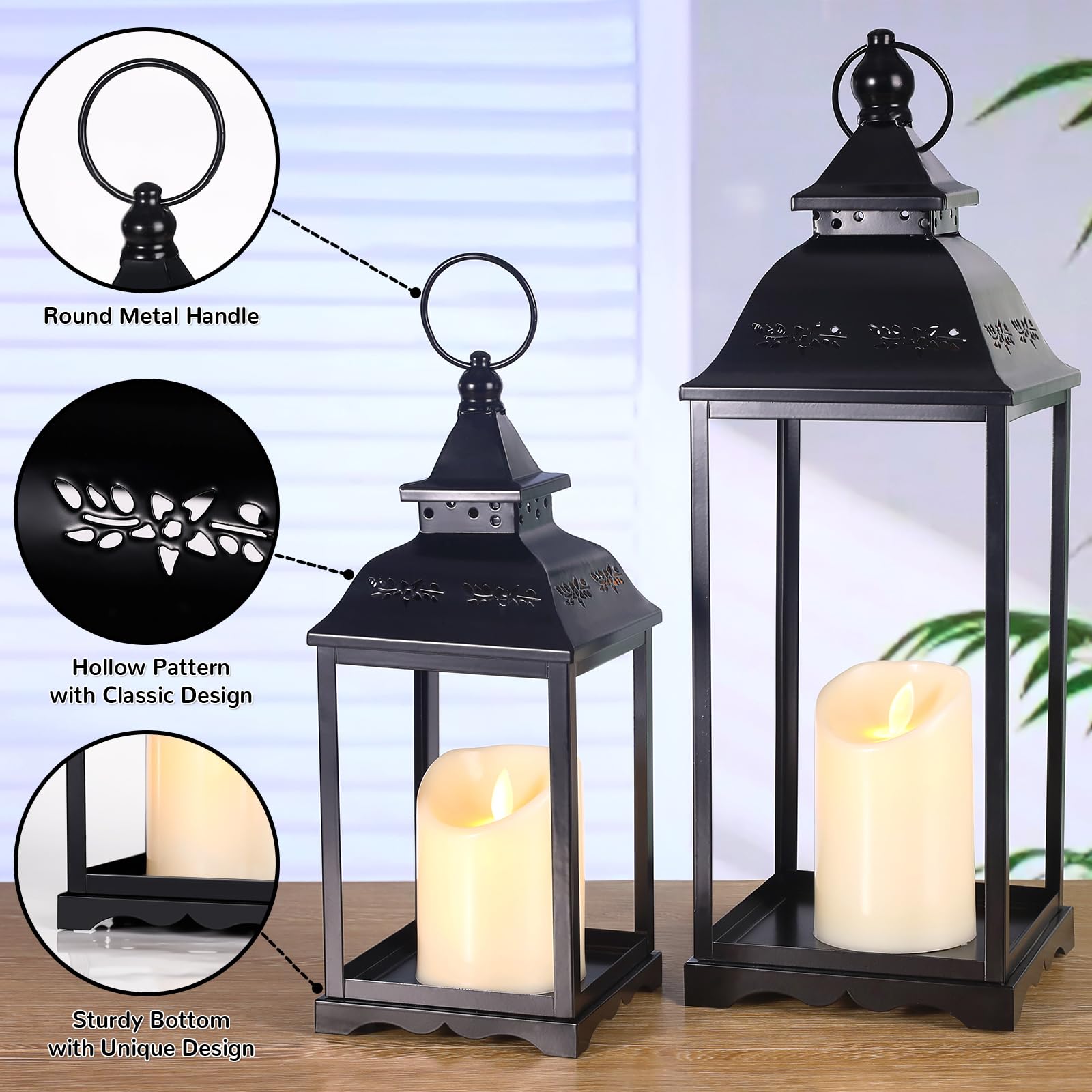 HAVITI 2 Pack Outdoor Lantern for Porch, Black Decorative Farmhouse Lanterns Indoor, 17   12   Lantern (no Glass) with 2PCS LED