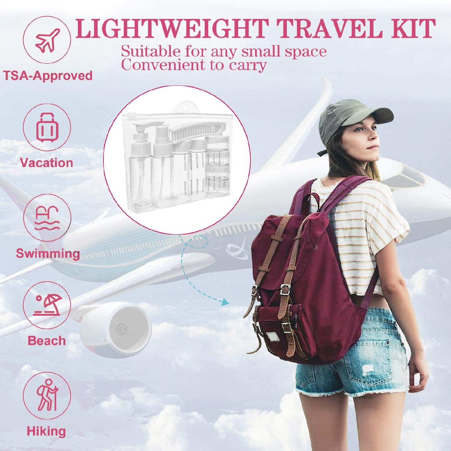 Portable Travel Bottles Kit, Upgraded Tsa Approved Leak Proof Toiletry Containers Set, Clear Pet Flight Size Cosmetic Containers