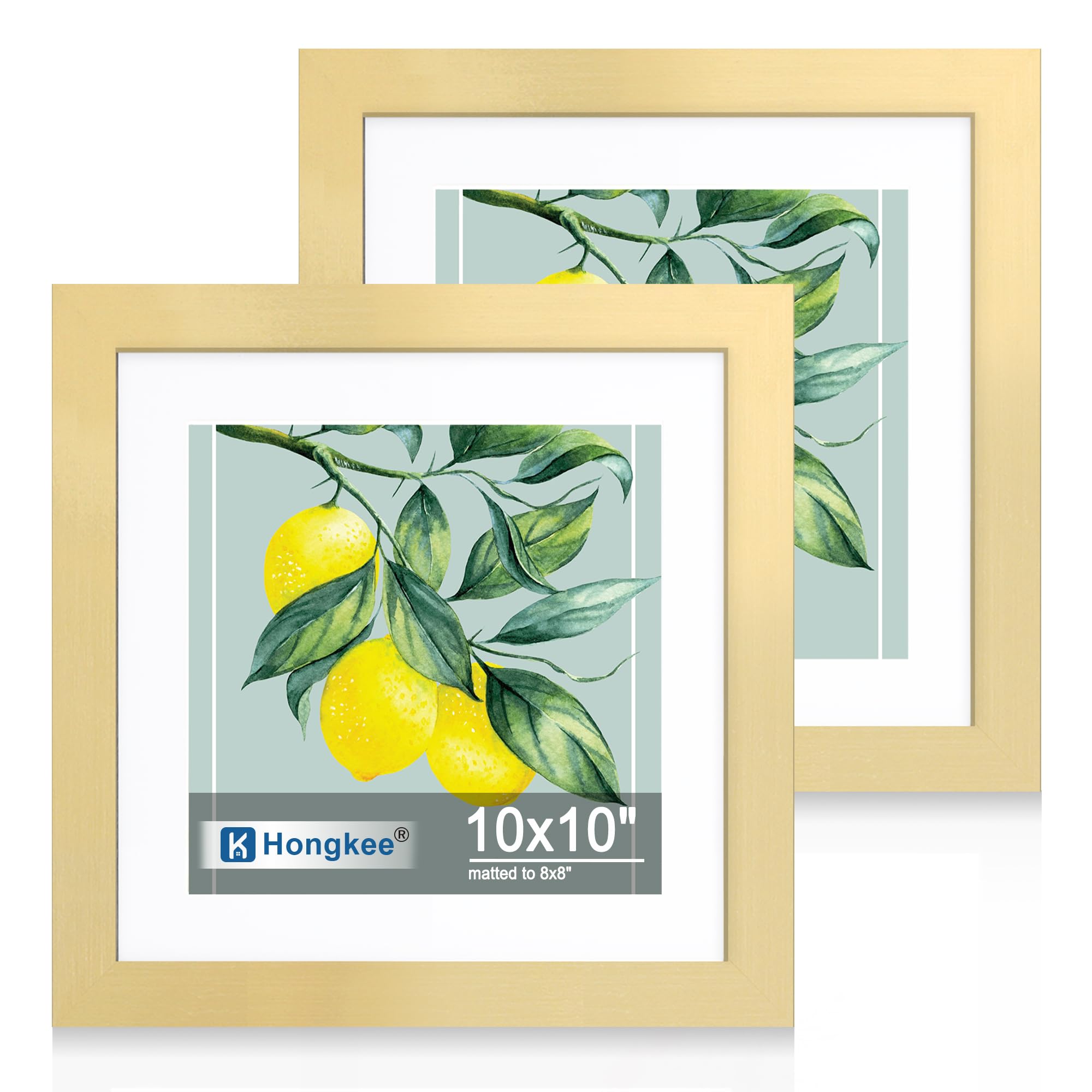 Hongkee 10x10 Picture Frame Set of 2, Made of Real Glass and Gold Wooden Frame - Display Square 8x8 with Mat or 10x10 Without Ma