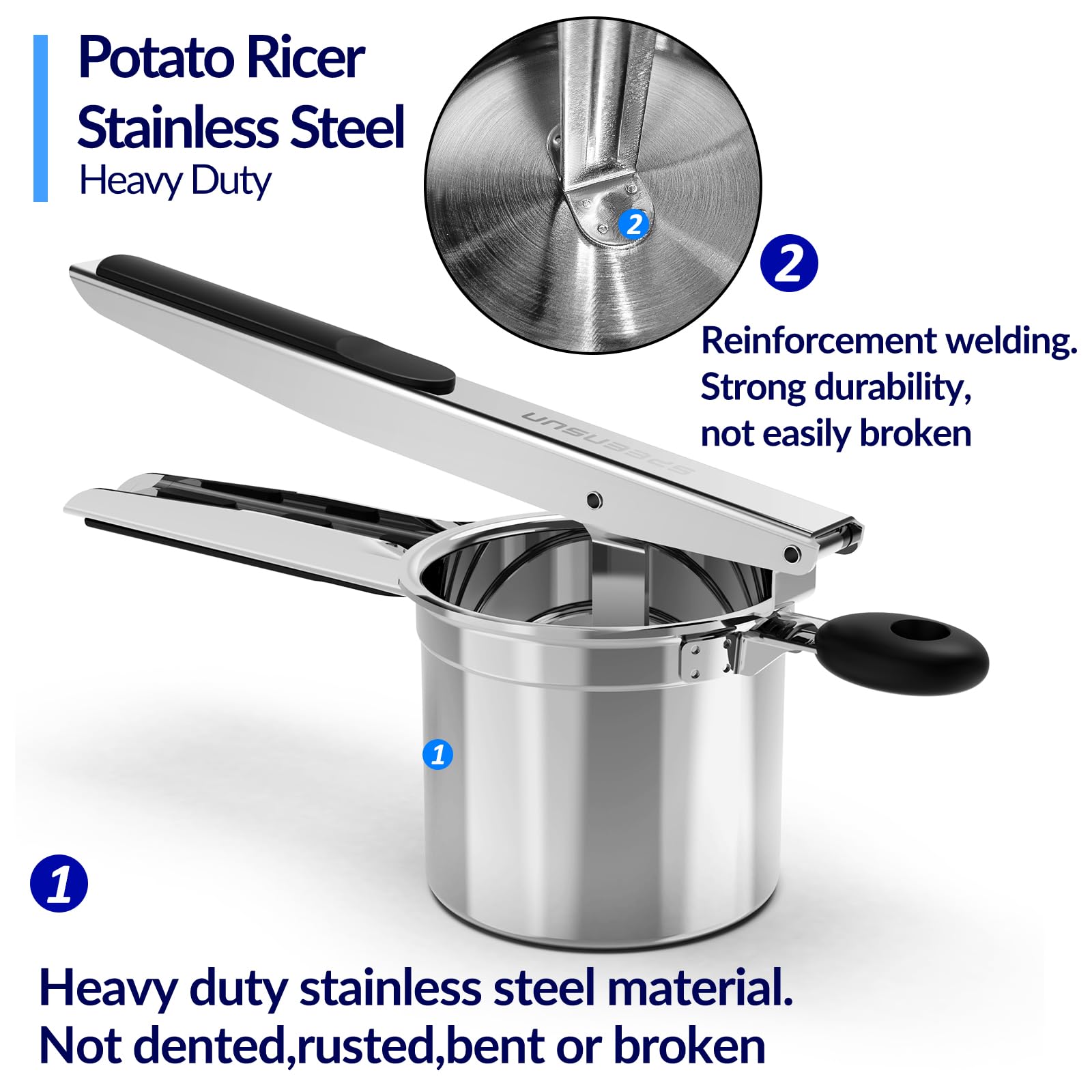 Potato Ricer, Ricer For Mashed Potatoes, Heavy Duty Potato Ricer Stainless Steel For Fluffy Mashed Potatoes, 3 Interchangeable D