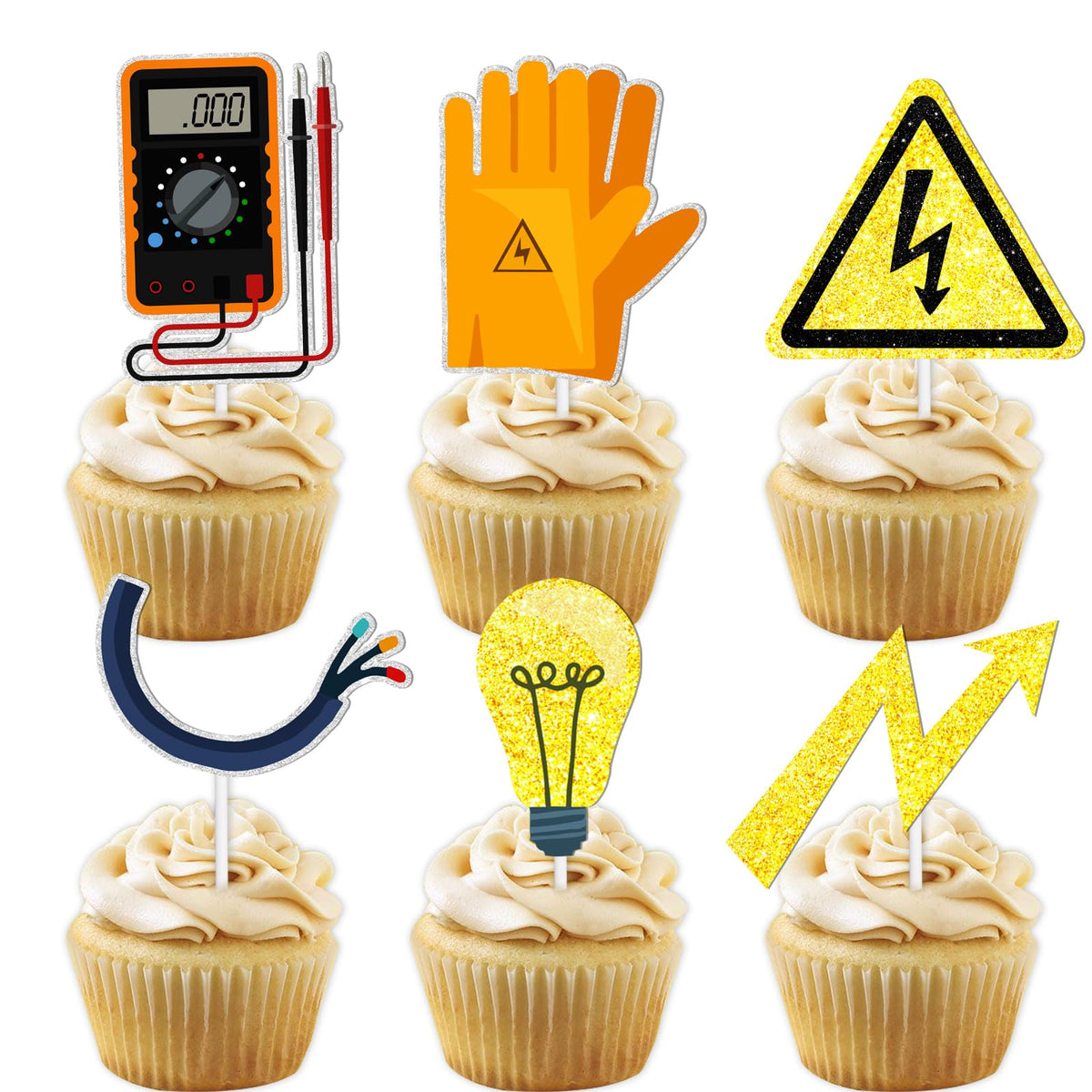 18Pcs Gold Glitter Tools Dessert Cupcake Topper Power Electrician Lineman Theme Decor Supplies Boy Man Happy Birthday Party Deco