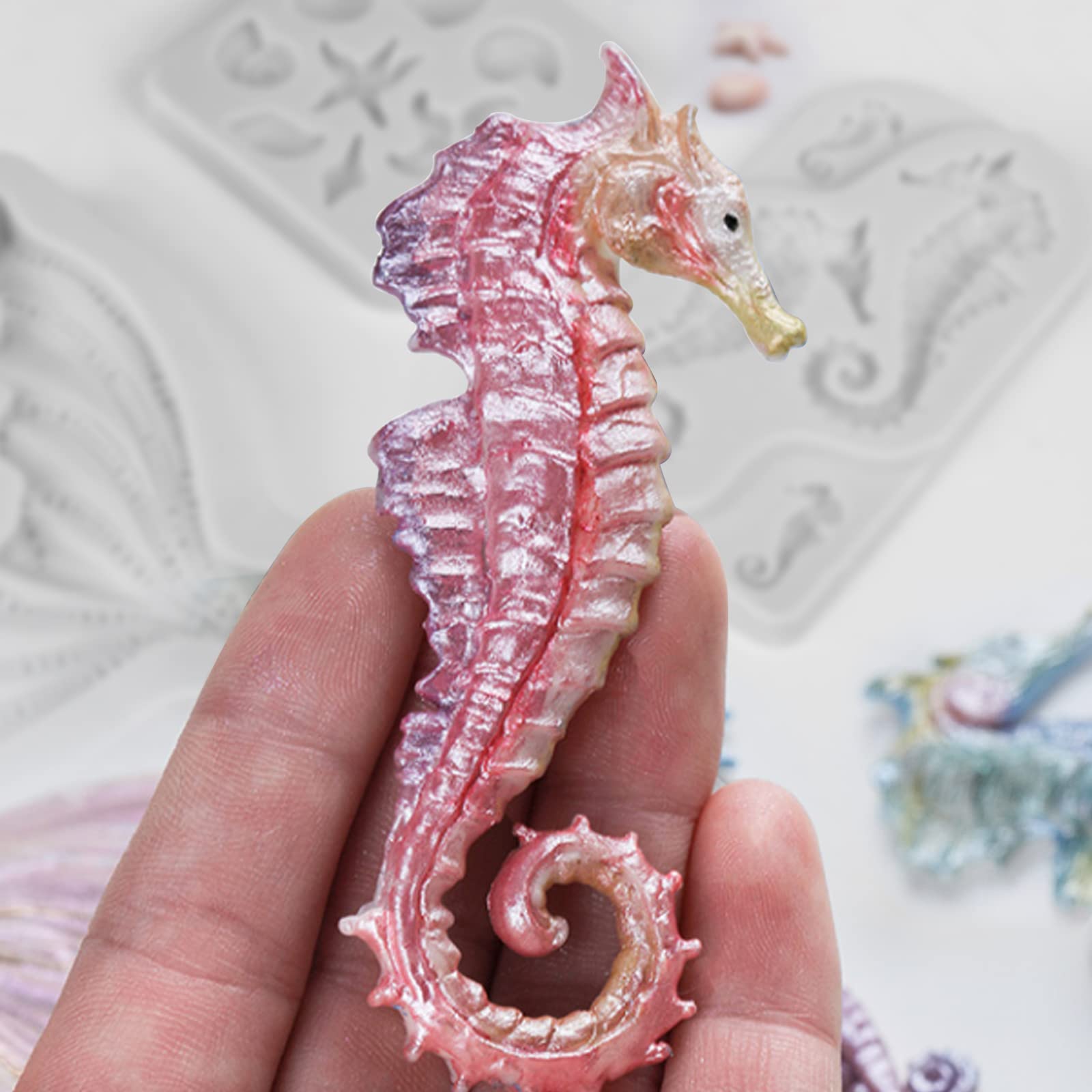Beasea Mermaid Cake Fondant Mold, 3 Pcs Seahorse Seashell Starfish Mermaid Tail Silicone Mold Chocolate Shells Baking Molds For