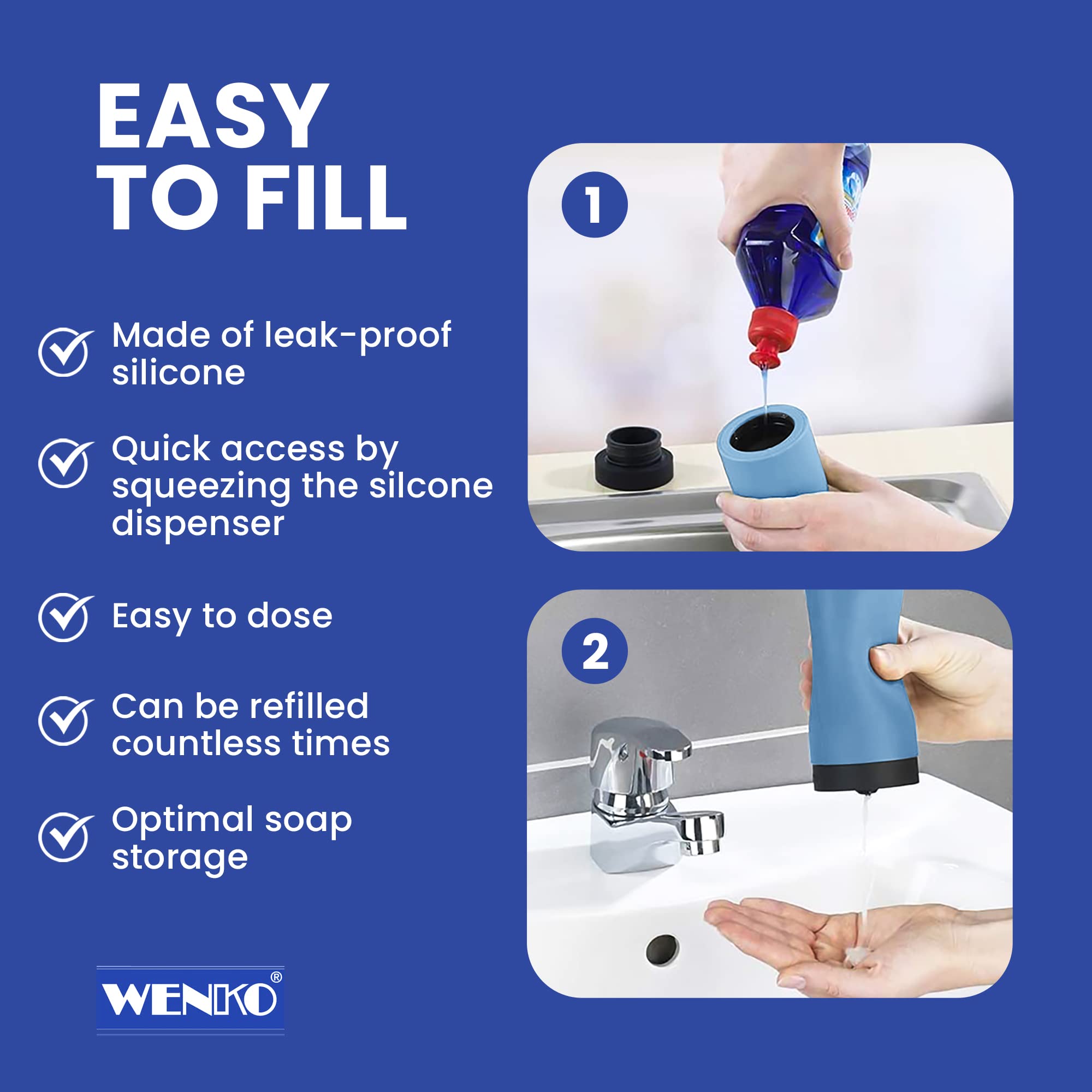 Wenko Easy Squeez-e Washing  Refillable Dish Liquid and Hand Soap Kitchen and Bathroom  Countertop Dispenser  2.4 x 2.4 x 5.5 inches  Blue