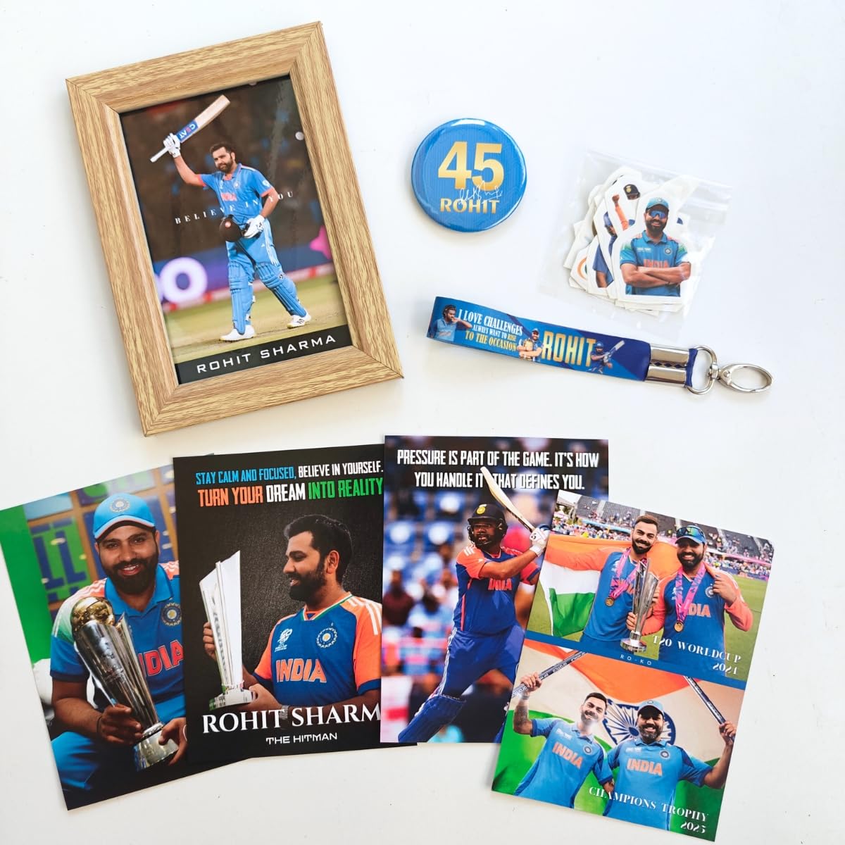 Tenorarts Rohit Sharma Gift Box Merchandise - 5X7 Inches Laminated Photo Frame,1 Keychain, 1 Badge, 4 4X6 Inches Posters, Shapec