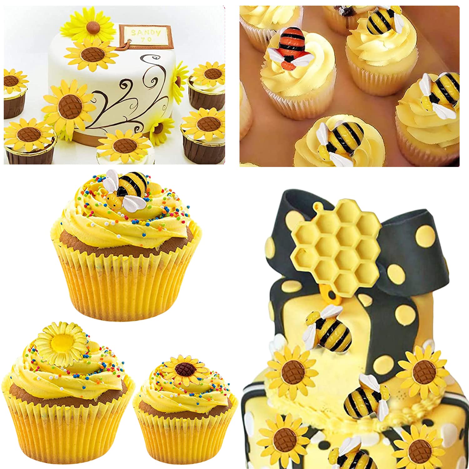 Mujiang Bumble Bee Silicone Mold Honeycomb Bees Fondant Cake Mold Sunflower Beehive Molds For Cake Decorating Cupcake Topper Sug
