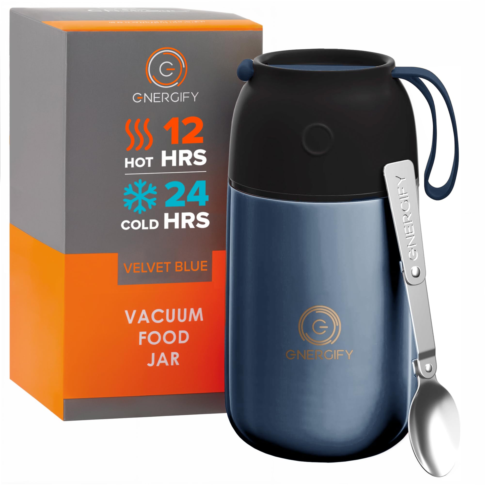 ENERGIFY Vacuum Insulated Food Jar. Large 24oz Bowl incl. Folding Spoon, Cup. Wide Mouth Keep Hot & Cold Drinks Soup Lunch Conta