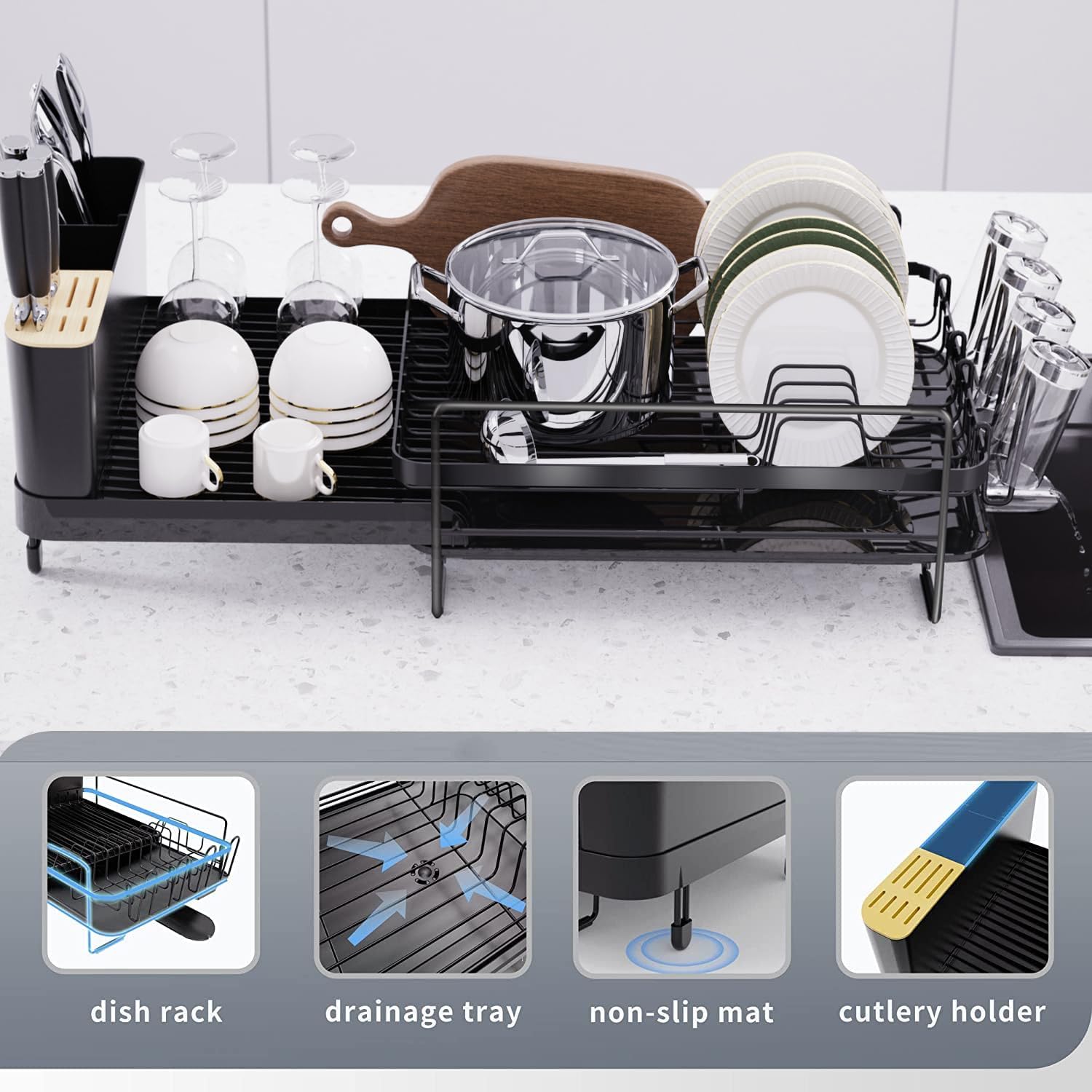 Runnatal Large Dish Drying Rack With Drainboard Set, Extendable Dish Rack, Utensil Holder, Cup Holder, Expandable Dish Drainer F