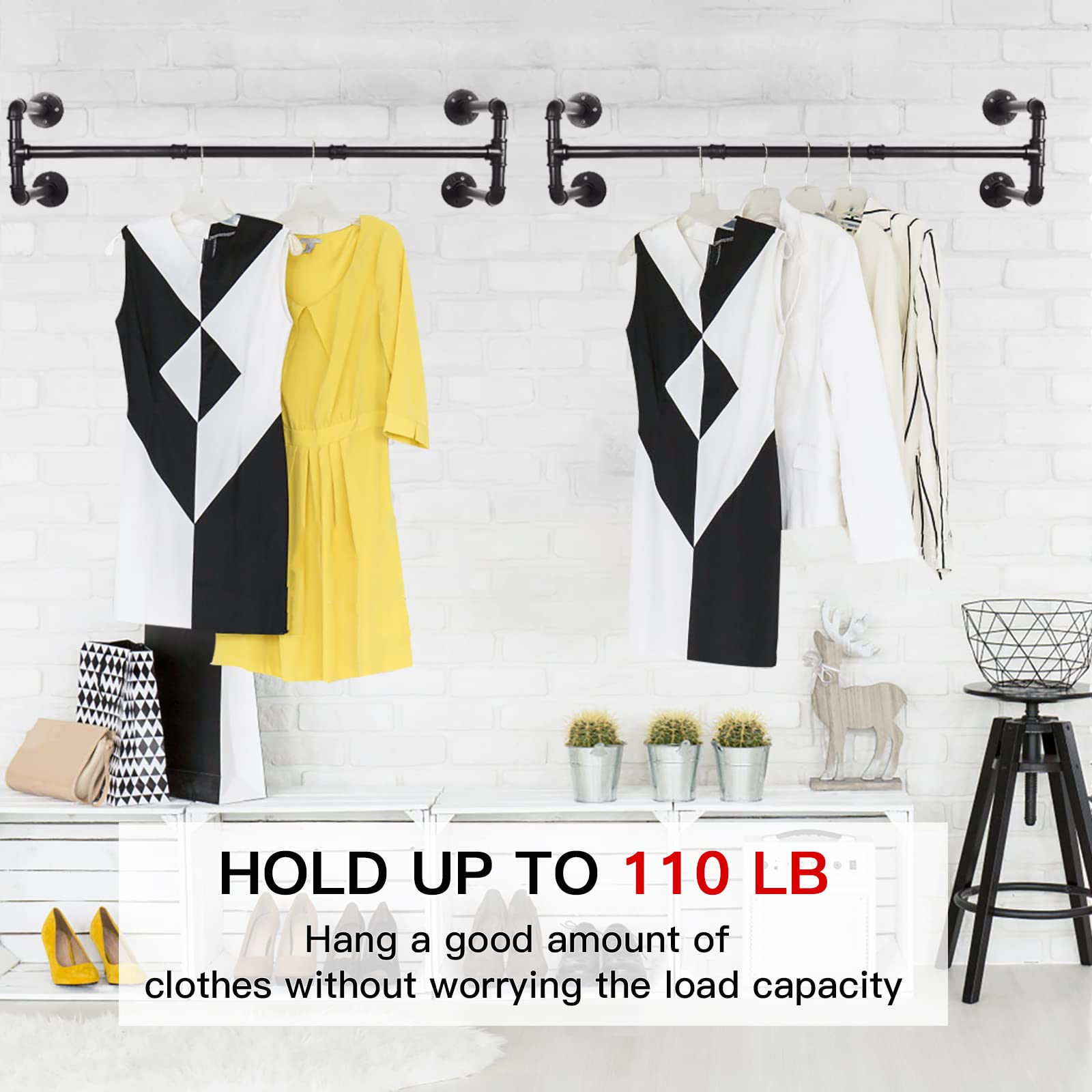 Varsoul Wall Mounted Clothes Rack - 54''Industrial Pipe Clothing Garment Rack, Space-Saving Heavy Duty Detachable Black Iron Clo
