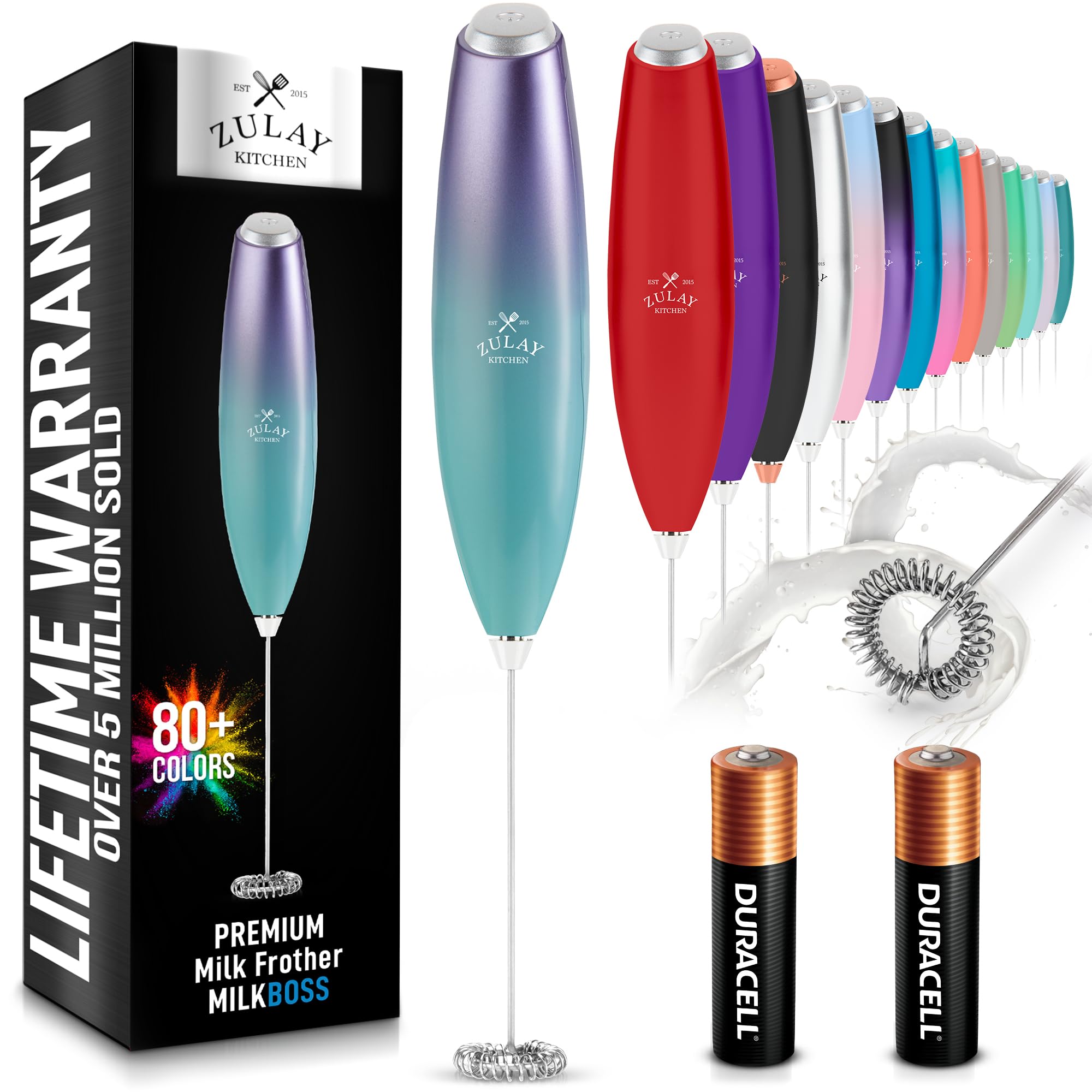 Zulay Kitchen Milk Frother Handheld Electric Whisk with AA Duracell Batteries - Durable Drink Mixer for Coffee, Lattes, Cappucci