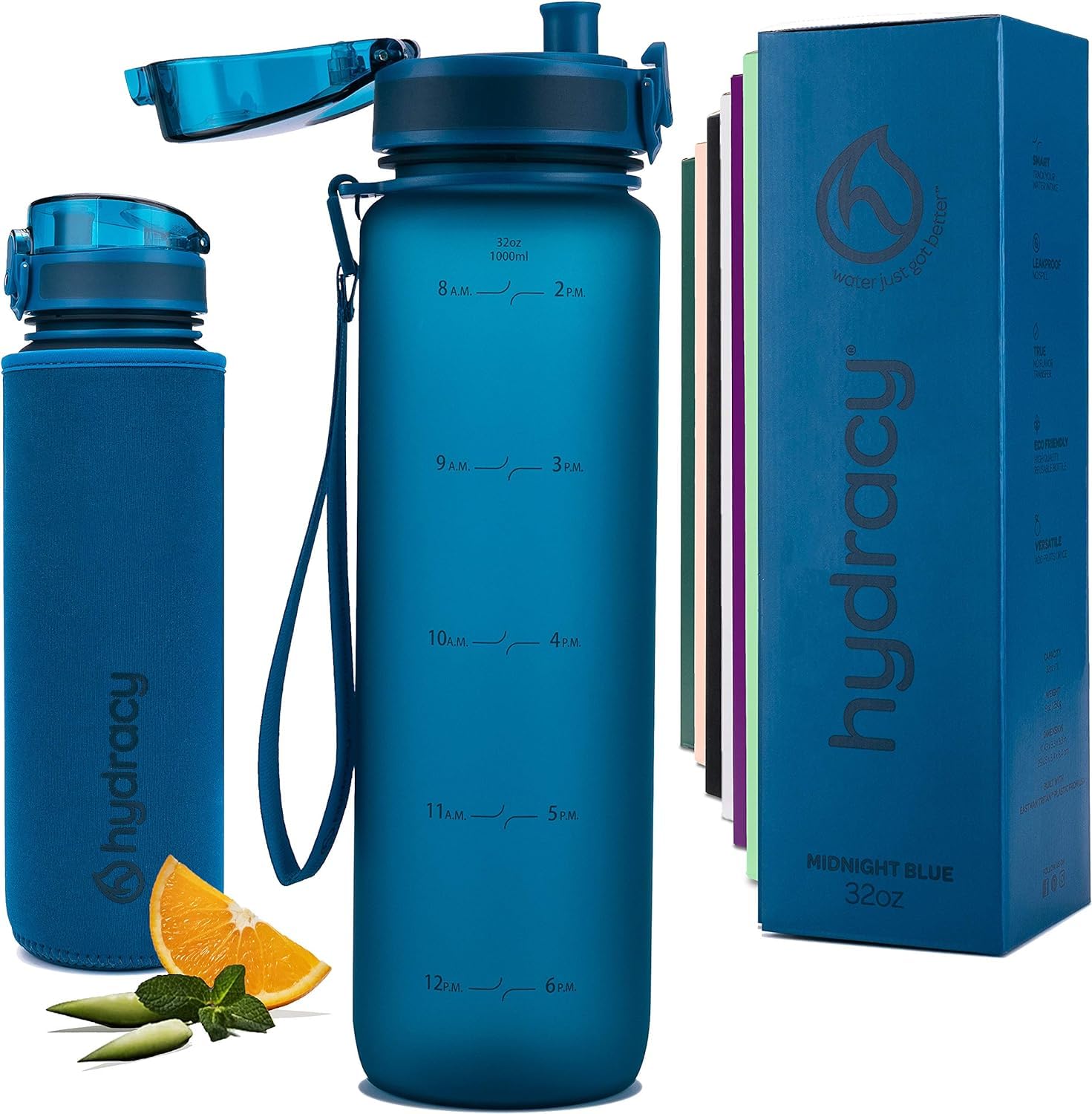 Hydracy Water Bottle With Time Marker -Large 32 Oz Bpa Free & No Sweat Sleeve -Leak Proof Gym Bottle With Fruit Infuser Strainer