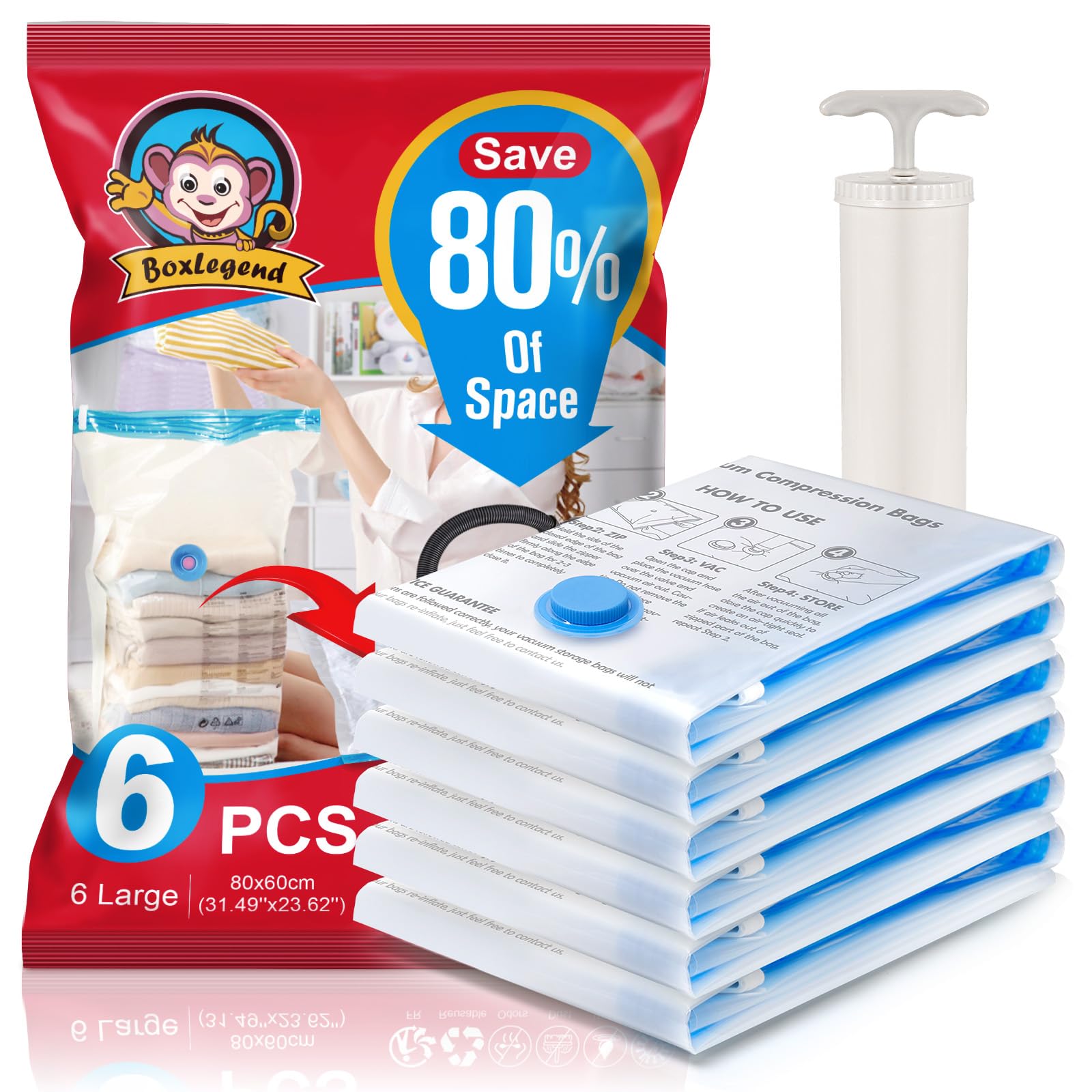 BoxLegend Vacuum Storage Bags with Hand Pump 6 Large 23.6x31.5 Thickened Vacuum Seal Bags for Clothing Coat Bedding Quilt Blanke