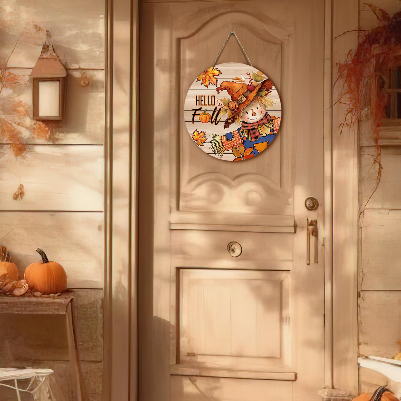 Dacawin Hello Fall Autumn Scarecrow Door Sign for Porch Pumpkins Maple Leaf Wood Hangers Farmhouse Door Sign for Front Door Deco