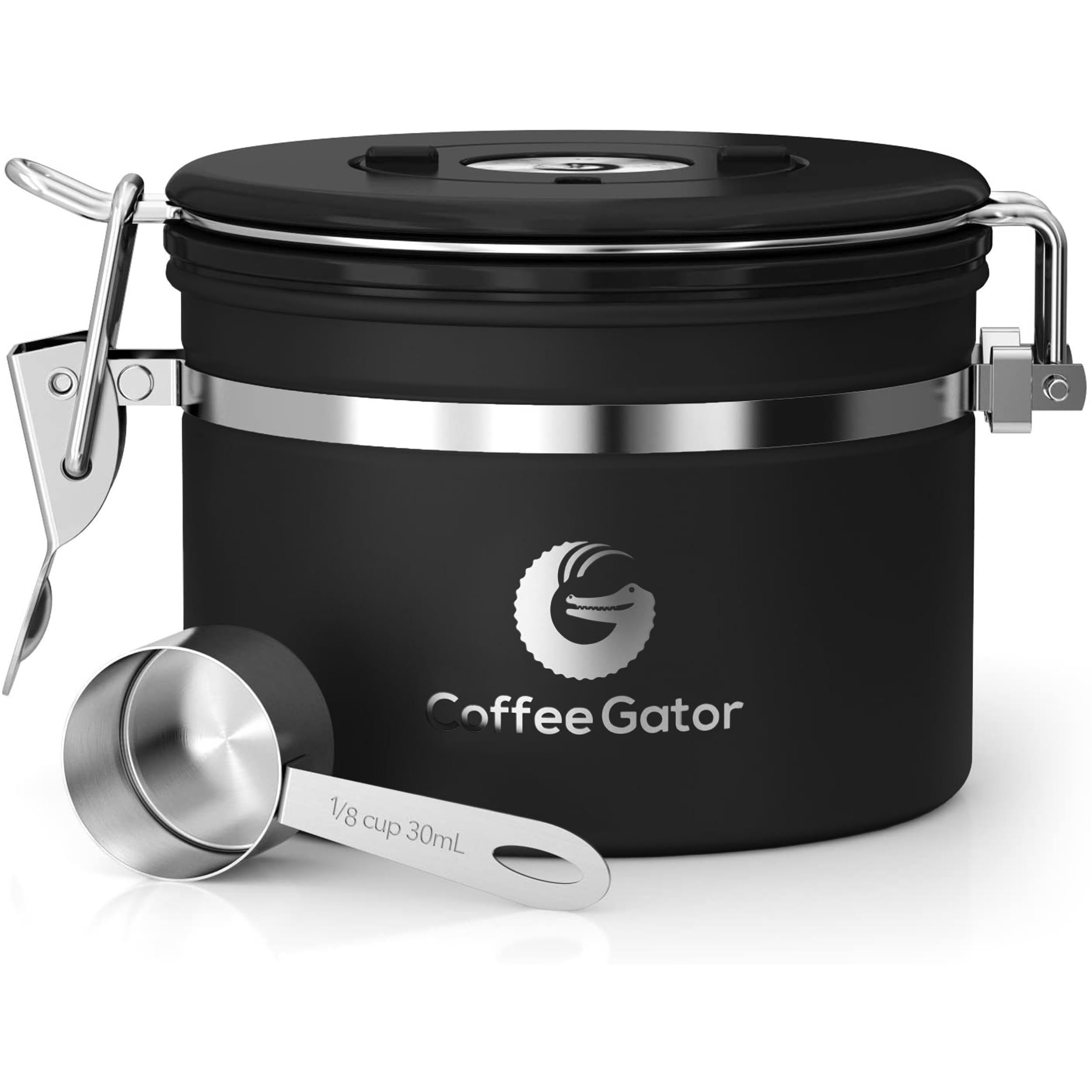 Coffee Gator Stainless Steel Canister - Large 22Oz, Black Coffee Grounds And Beans Container With Date-Tracker, Co2-Release Valv
