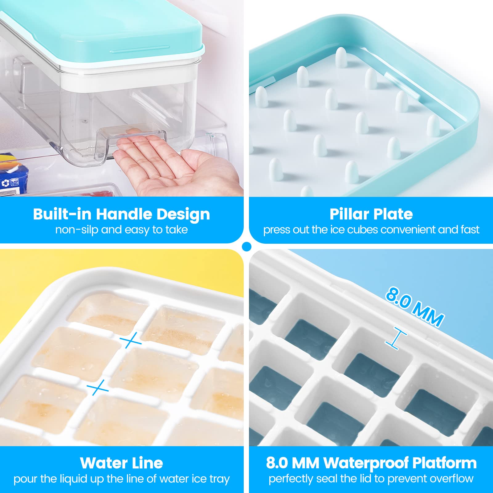 PHINOX Ice Cube Tray with Lid, 64 pcs Molds, 2-Tier Blue Polypropylene, Model CTCJ001, Spill-Resistant with Ice Scoop