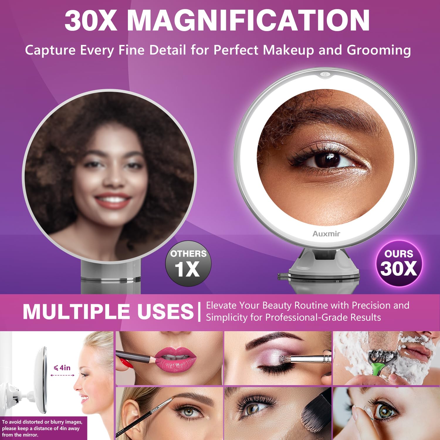 Auxmir 30X Magnifying Makeup Mirror with Light, 9.5"L x 12.2"W, Power Suction Cup, 360° Swivel, Portable, Acrylonitrile