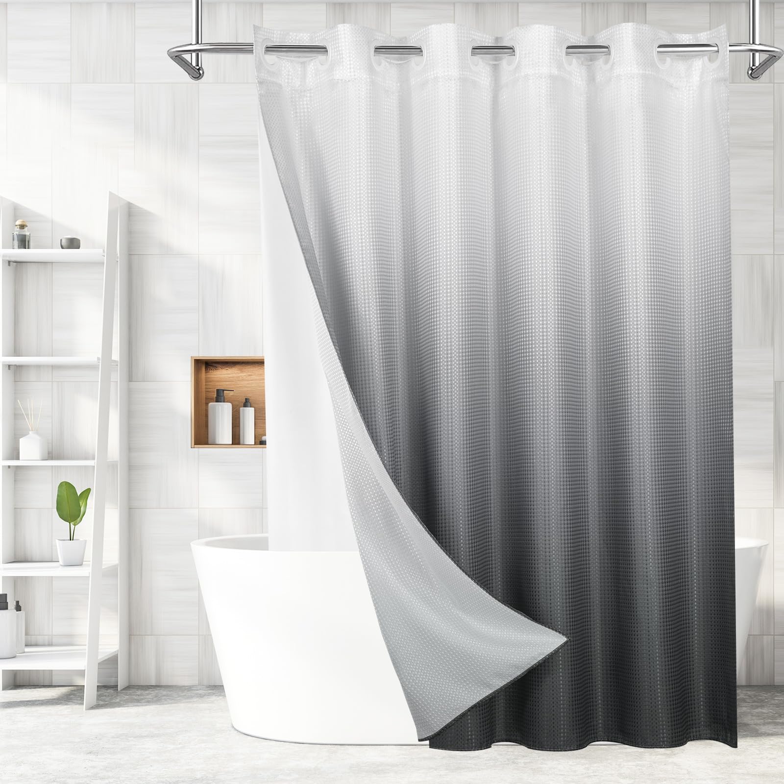 Mitovilla No Hooks Needed Grey Ombre Waffle Shower Curtain With Snap-In Liner, Modern Waffle Weave Heavy Duty Fabric Cloth Showe