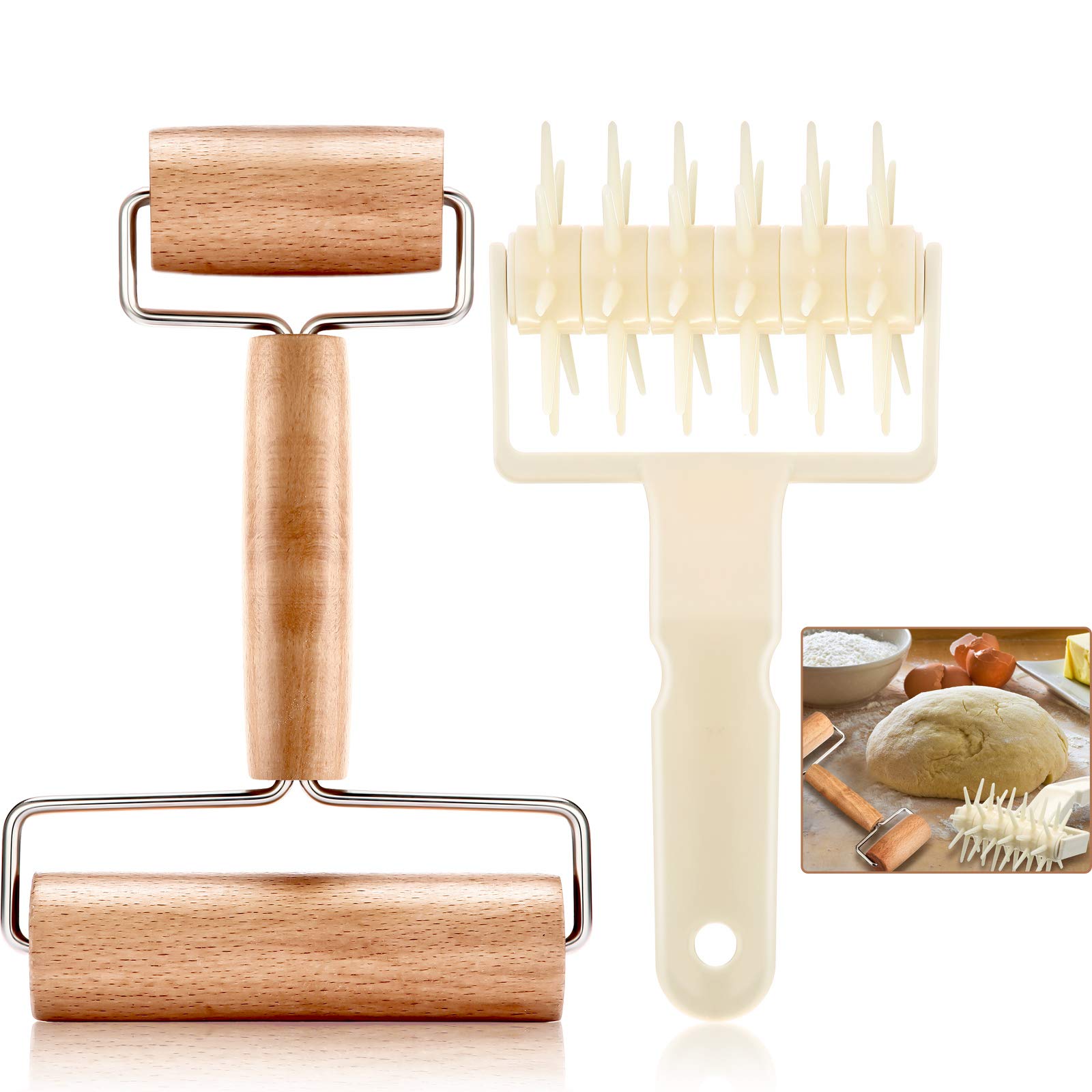 2 Pcs Pizza Dough Roller & Dough Docker Set, Plastic Dough Docker Pastry Roller With Spikes Wooden Rolling Pin, Non-Stick Pizza