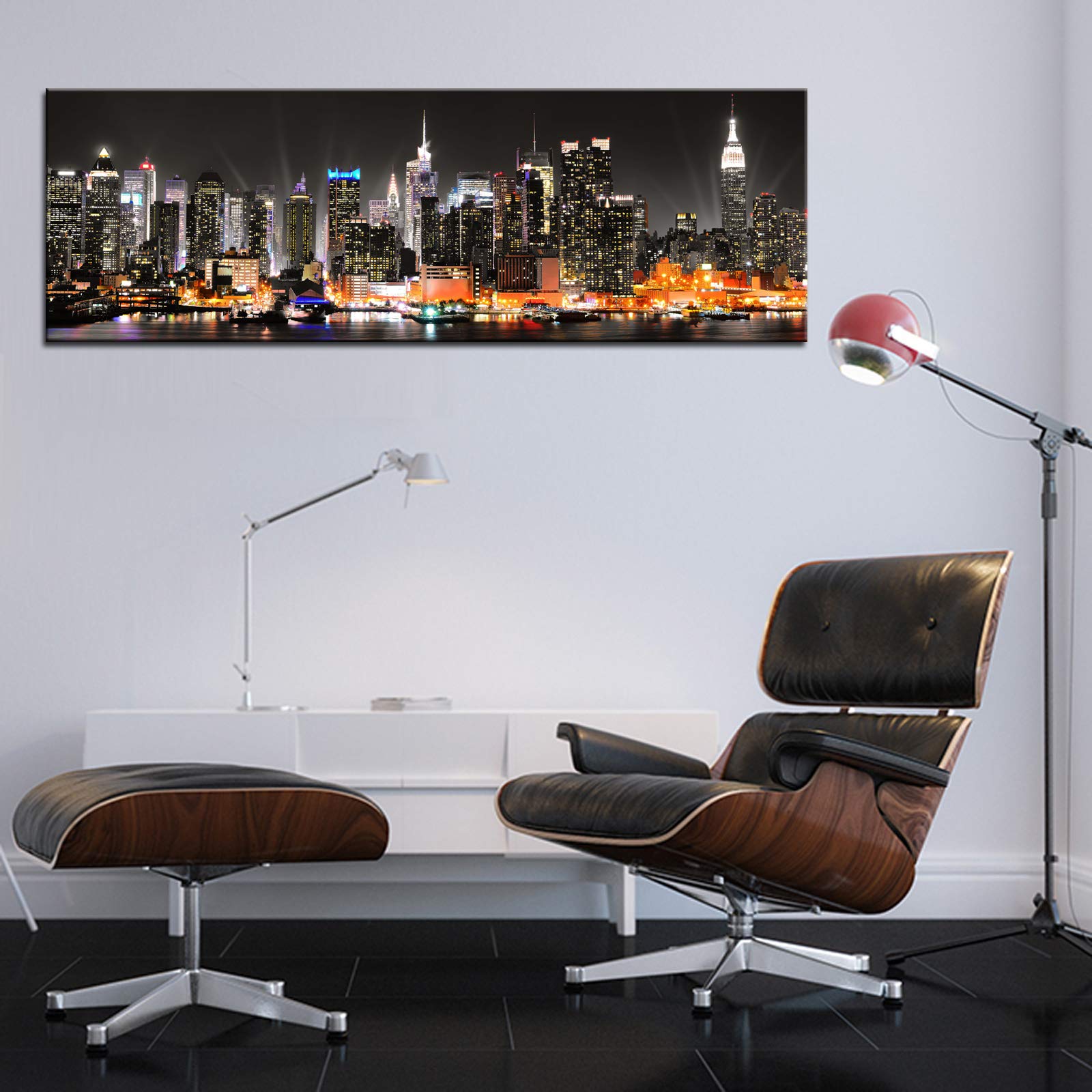 Biuteawal New York City Canvas Wall Art Manhattan Skyline at Night Picture Prints Framed NYC Skyline Landscape Artwork Modern Canvas Print Art for Home Office Living Room Decor