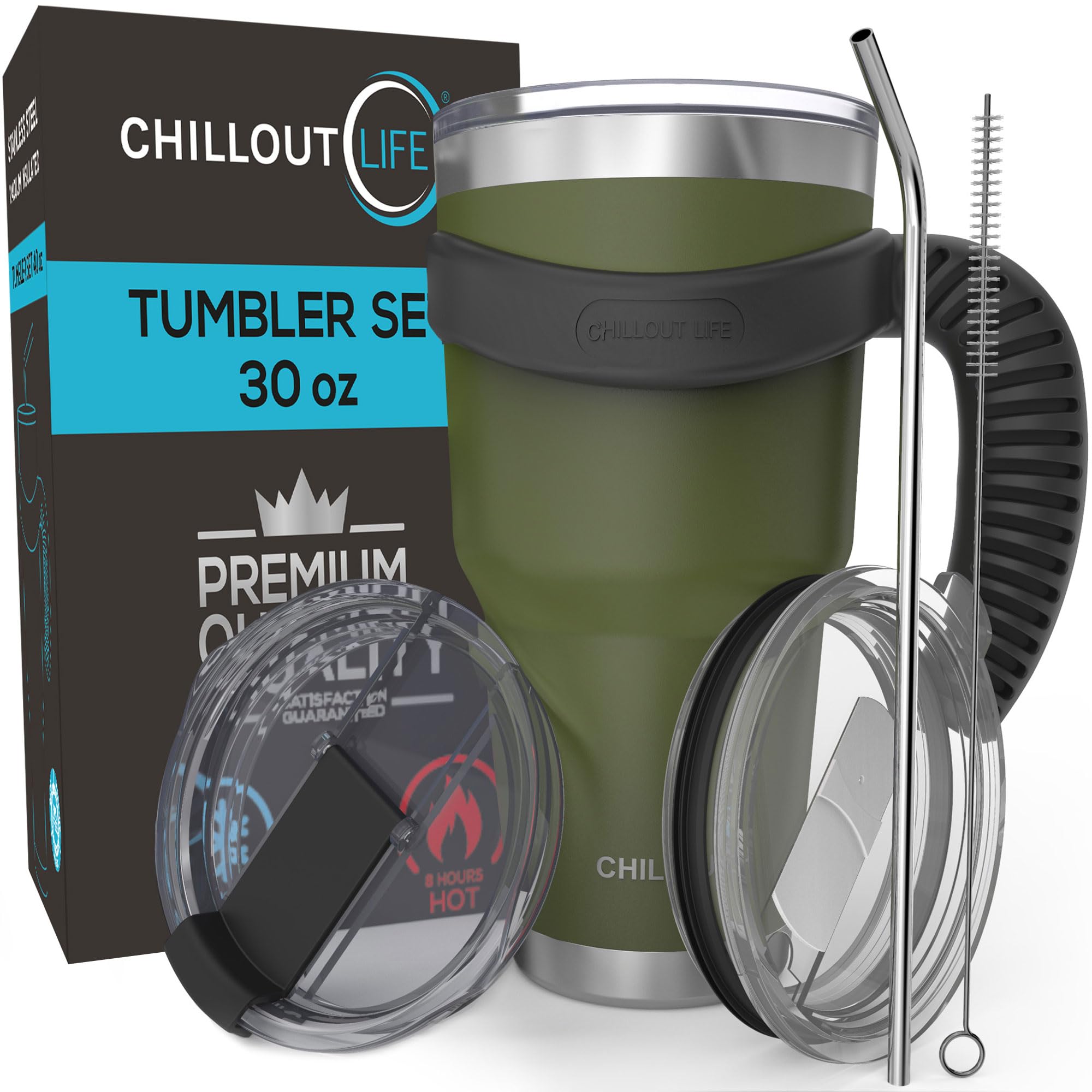 Chillout Life Stainless Steel 30 Oz Travel Mug - 6 Piece Set Tumbler With Handle, Straw, Cleaning Brush & 2 Lids. Double Wall In