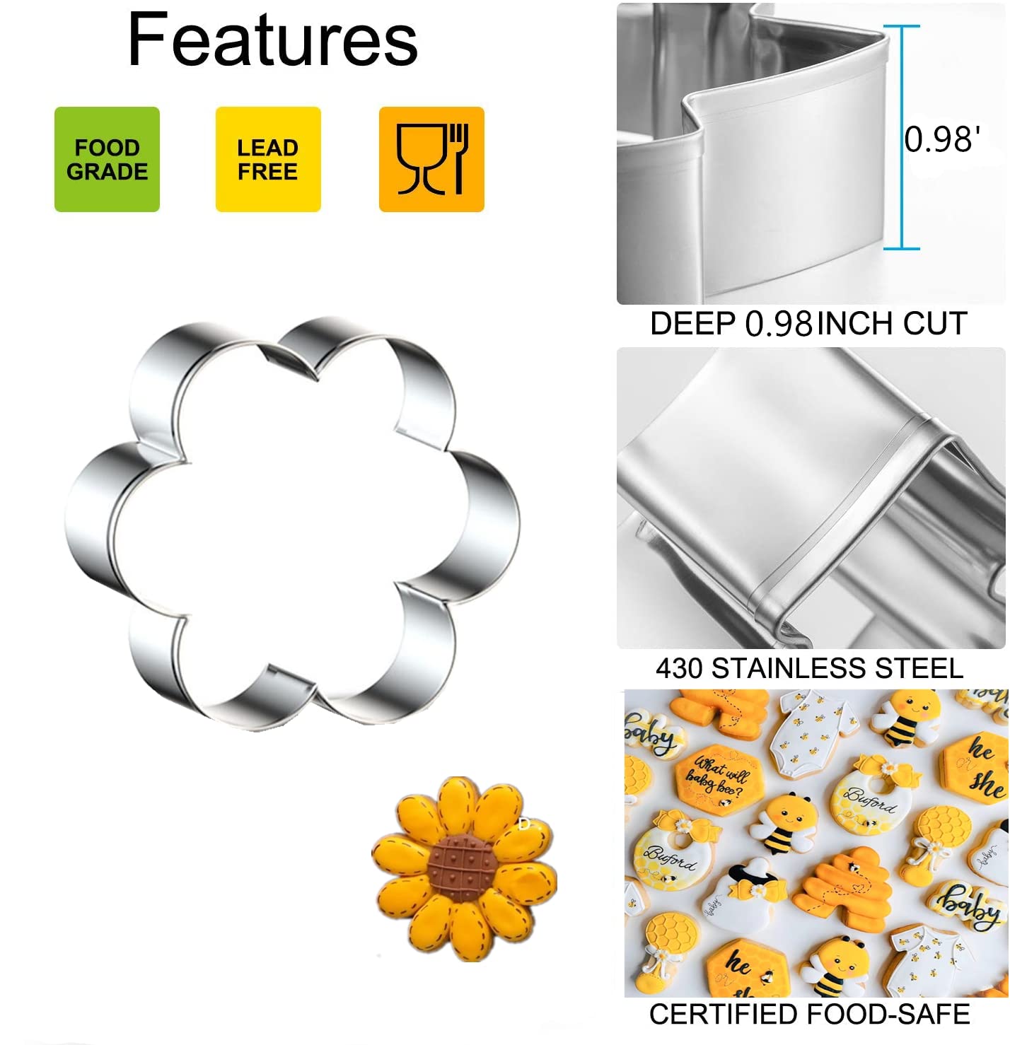 6Pcs Bee Cookie Cutters, Bee, Beehive,Honey Jar, Flower, Honeycomb Stainless Steel Biscuit Cutters Molds, Honey Bee Themed Shape