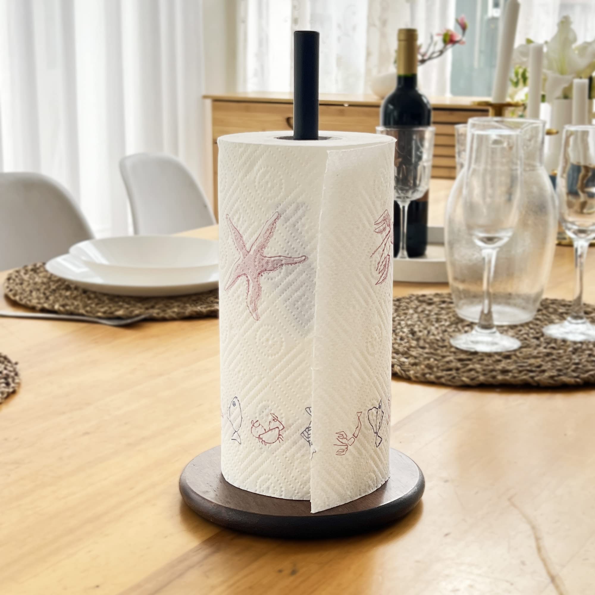 Black Paper Towel Holder Stand With Exquisite Wood Round Base, Niffgaff Free-Standing Paper Towel Roll Dispenser For Kitchen Cou