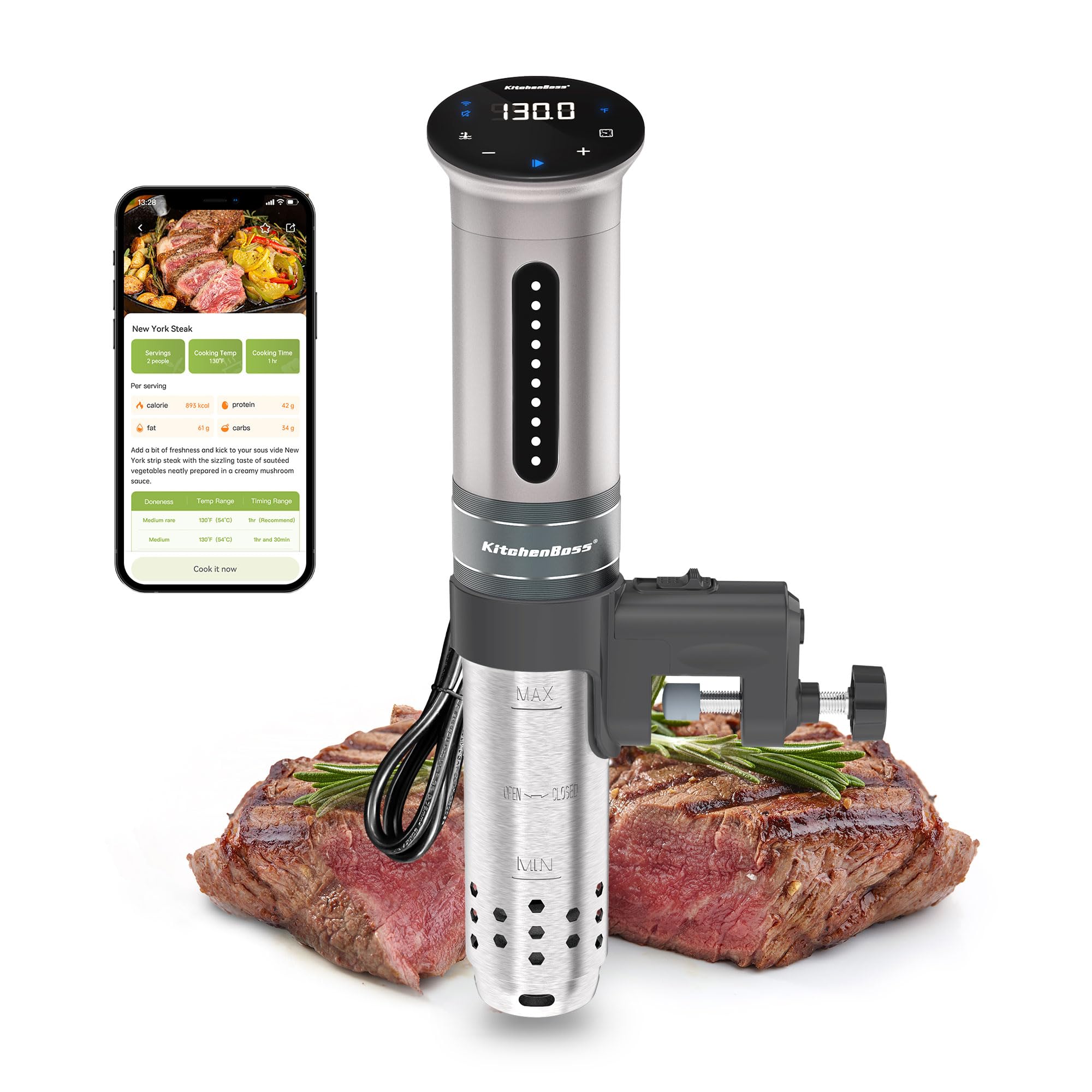 KitchenBoss Wifi Sous Vide Cooker: Ultra-quiet Sous Vide Machine Immersion Circulator APP Control 1100W, IPX7 Waterproof Sous-vi
