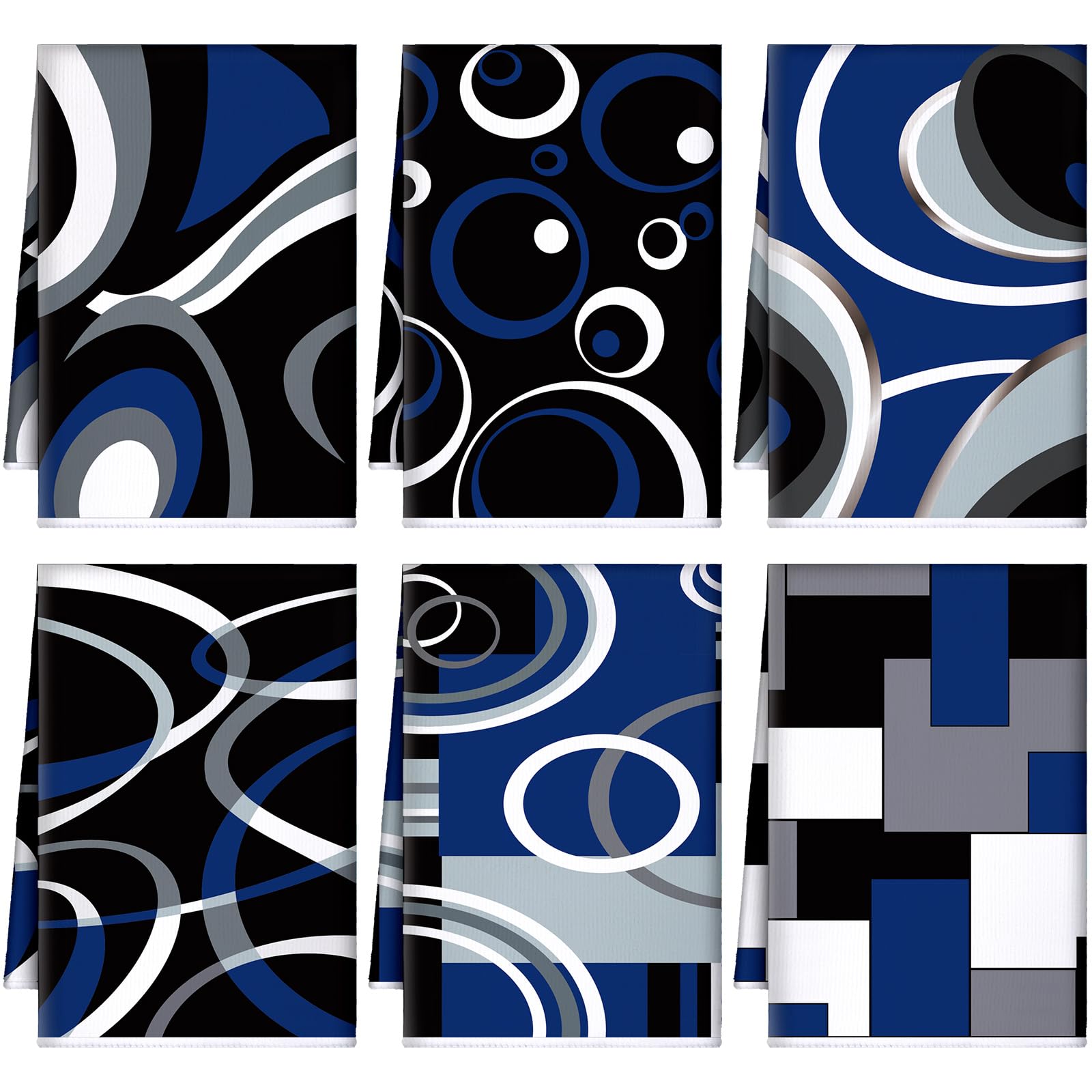 Boyiee Set of 6 Black Gray Blue Kitchen Towels Modern Geometric Dish Hand Towels 24 x 16 Inches Gifts Decorative Tea Cloth Gifts