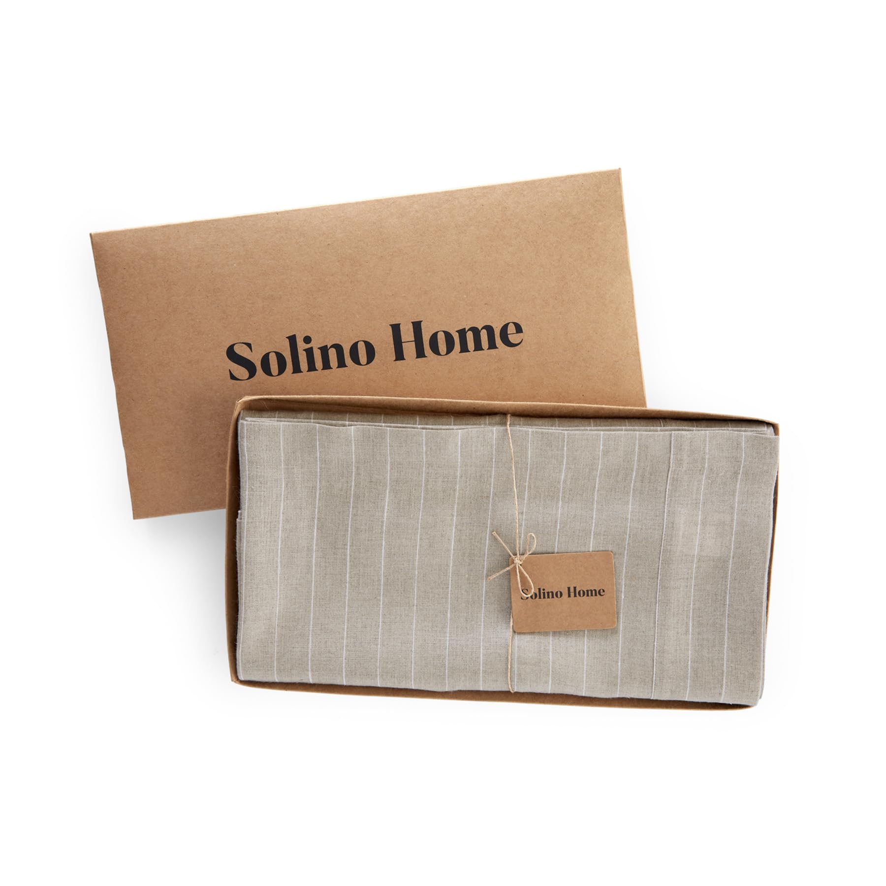 Solino Home Pinstripe Linen Tablecloth 120'' L X 60'' W Inch - 100% Pure Linen Natural And White Tablecloth For Spring, Easter -