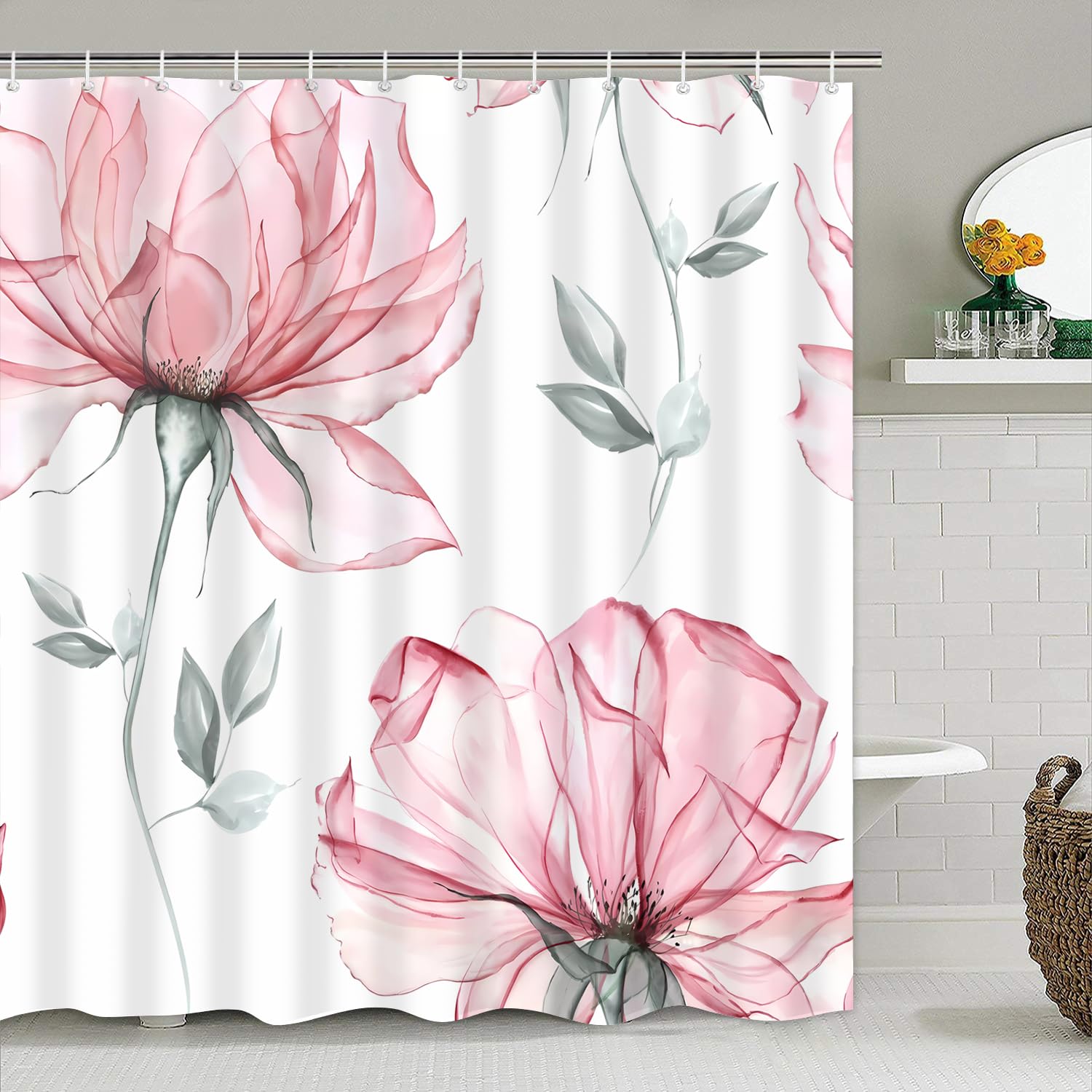 Pretyw 4-Piece Pink Flowers Shower Curtain Set Floral Leaves Bathroom Set With Shower Curtain And Rugs, Pink White Minimalist Ba